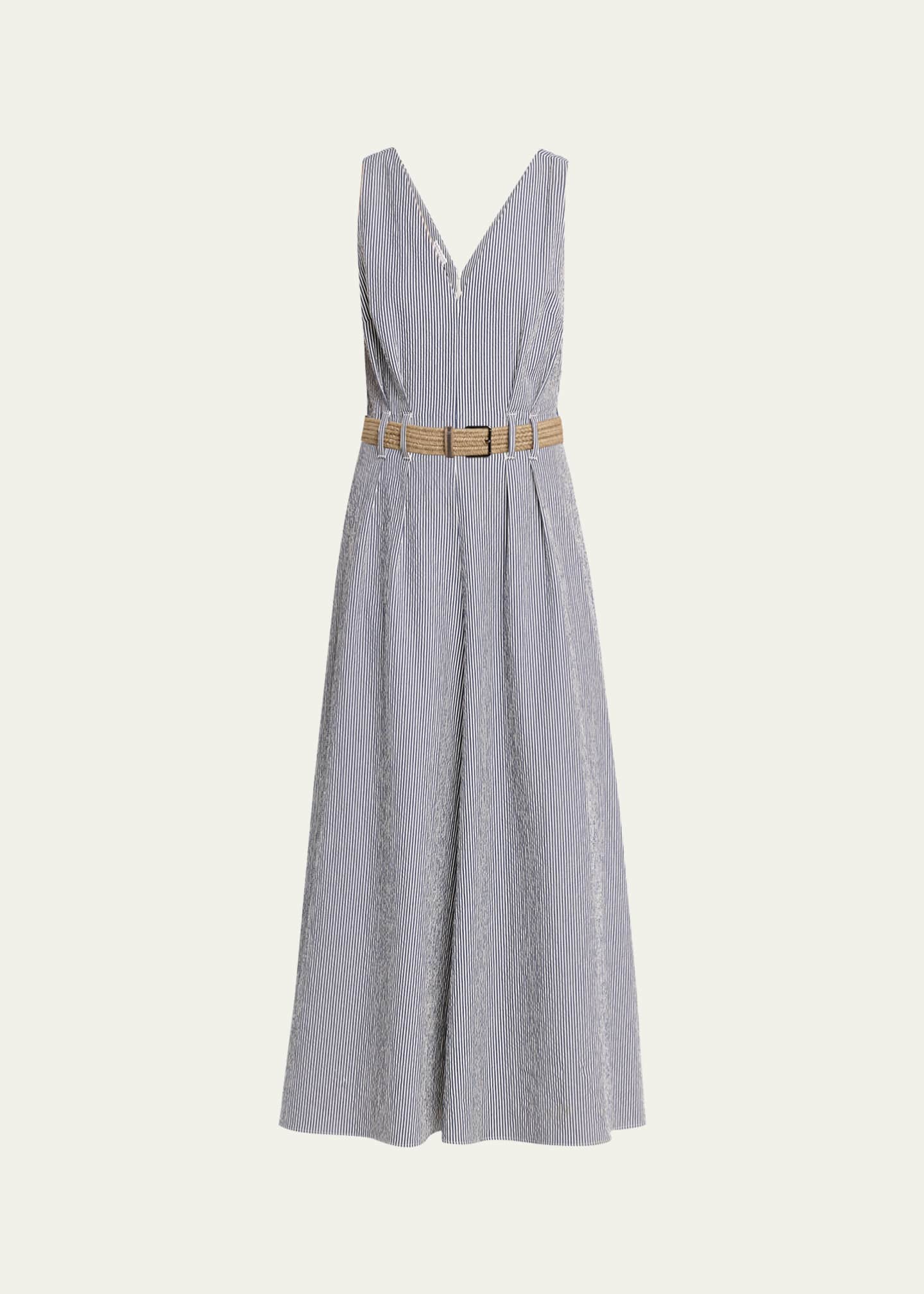 BRUNELLO CUCINELLI Vネック ワンピース M Brunello Cucinelli V-Neck Seersucker Cotton Sleeveless Midi Dress