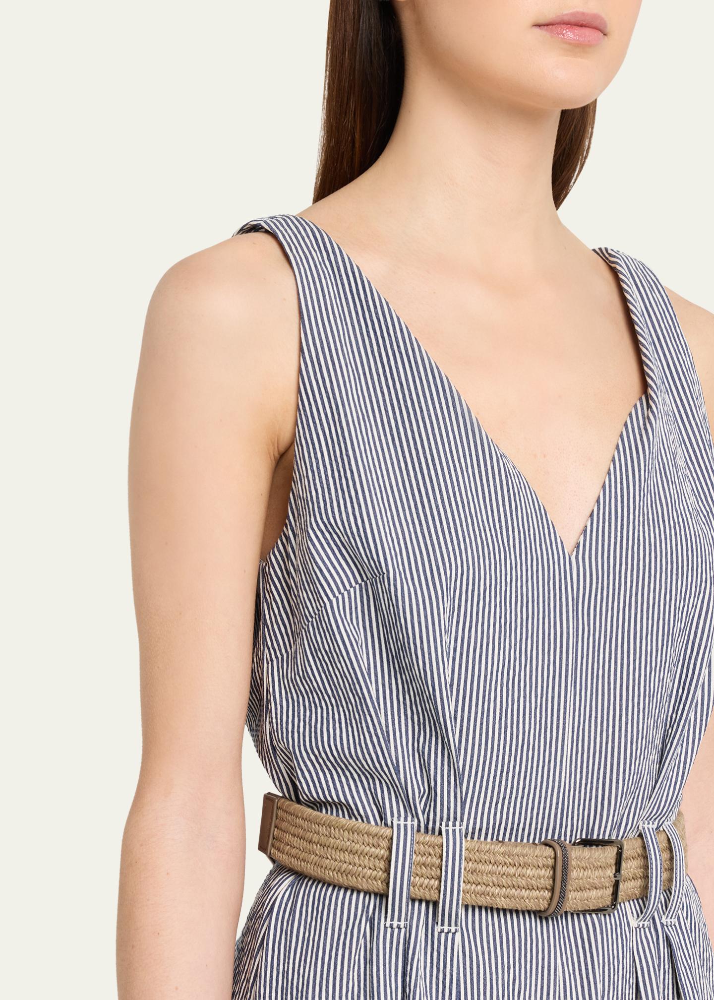 Brunello Cucinelli V-Neck Seersucker Cotton Sleeveless Midi Dress 