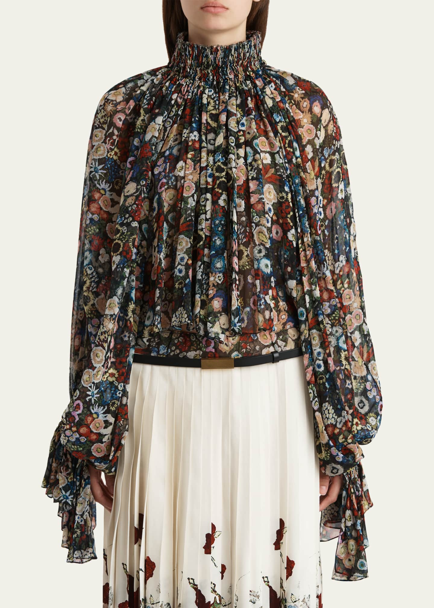 Khaite Durer Floral Silk Balloon-Sleeve Peasant Top - Bergdorf Goodman