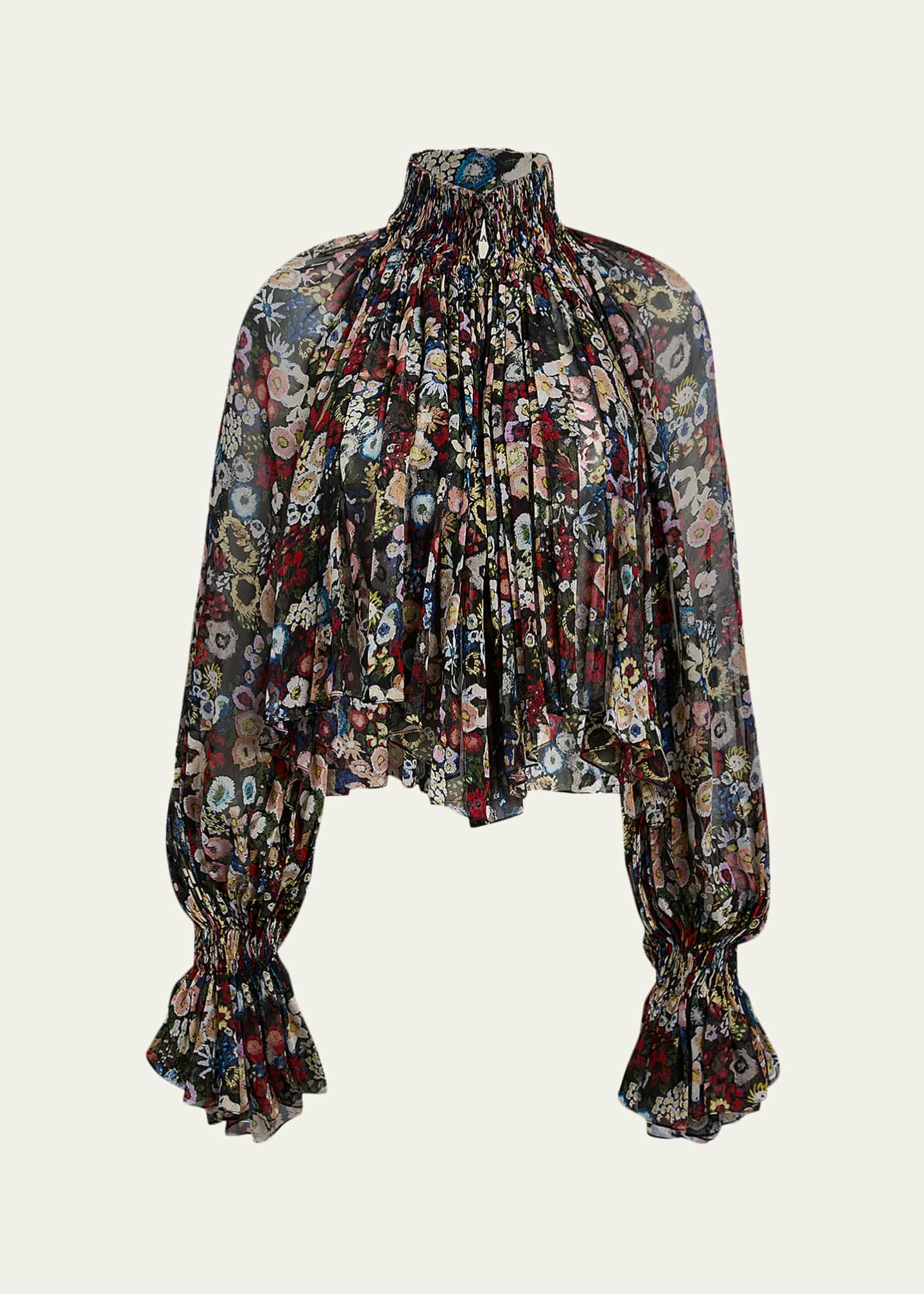 Khaite Durer Floral Silk Balloon-Sleeve Peasant Top - Bergdorf Goodman