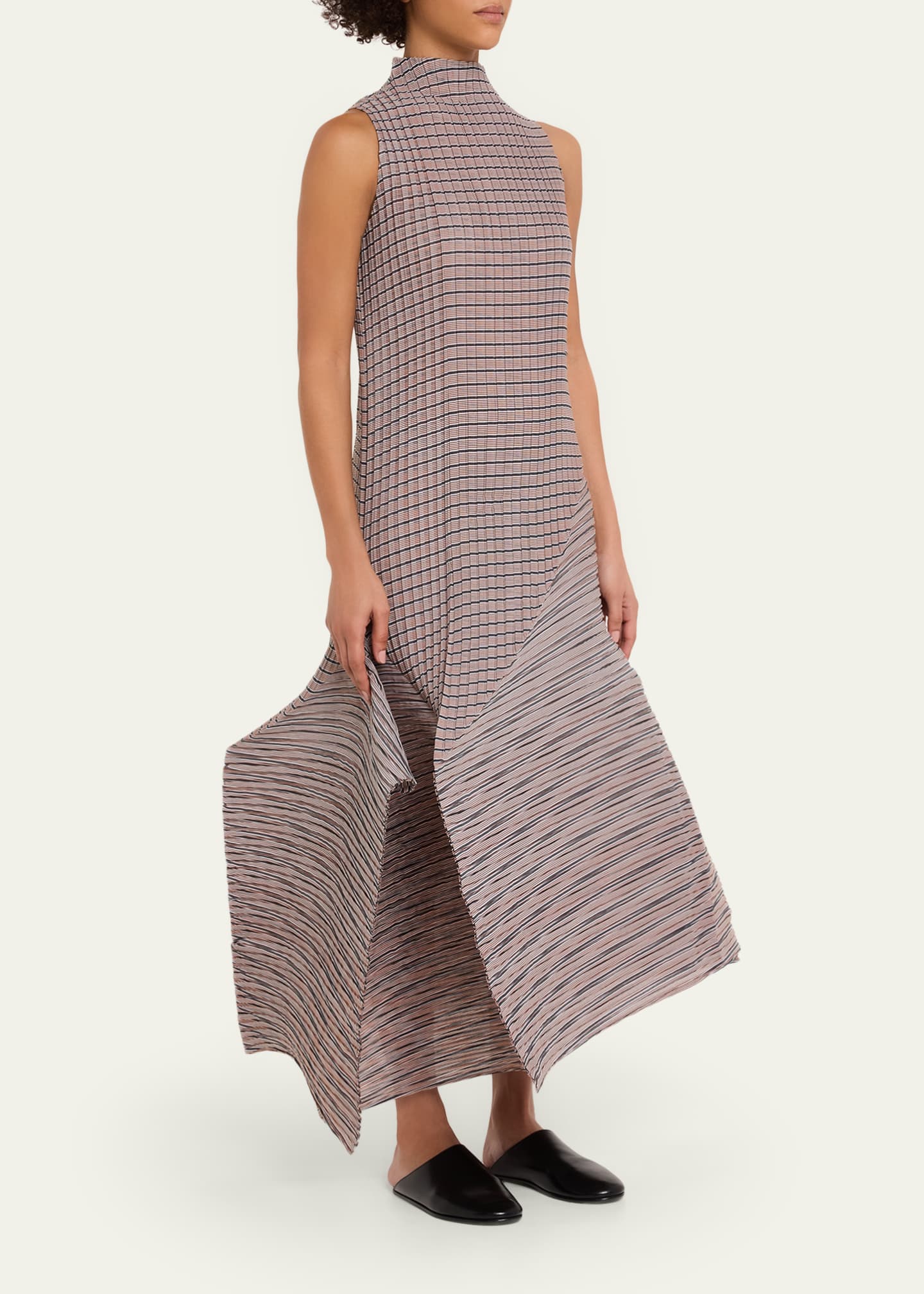 Issey Miyake Folded Pleats Striped Sleeveless Midi Dress - Bergdorf Goodman