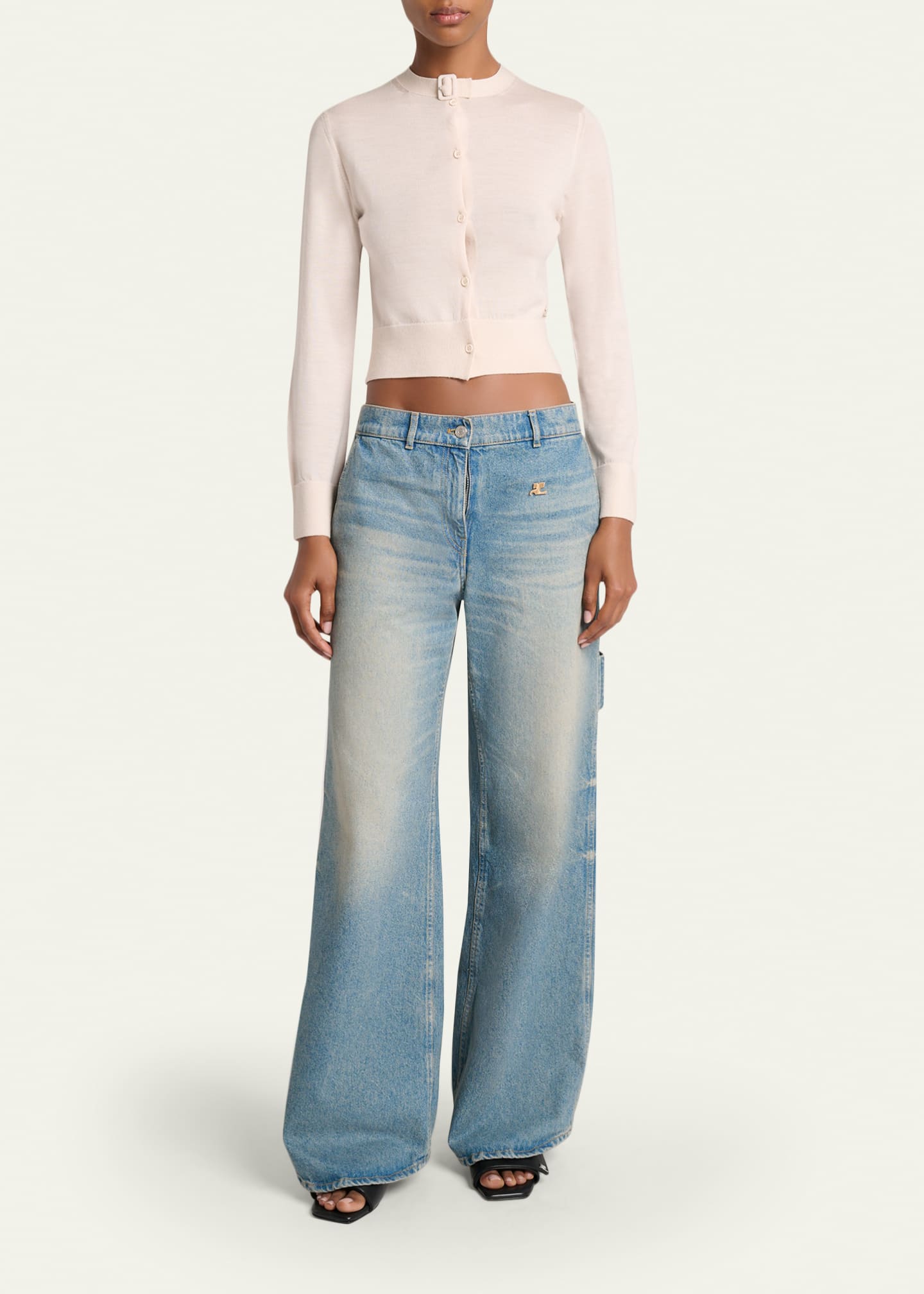 Courreges Buckle Crewneck Merino Wool Crop Cardigan - Bergdorf Goodman
