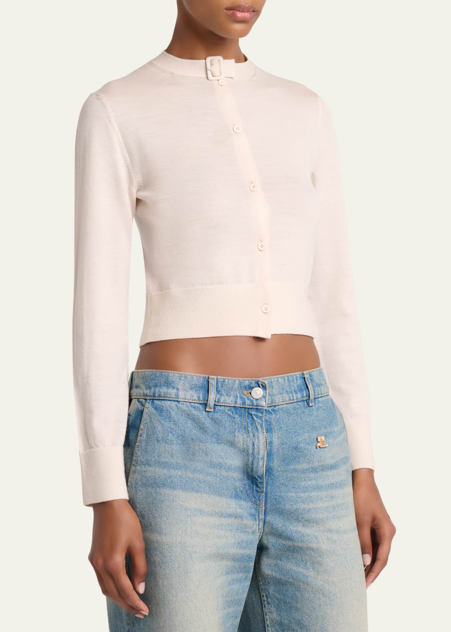 Courreges Buckle Crewneck Merino Wool Crop Cardigan - Bergdorf Goodman
