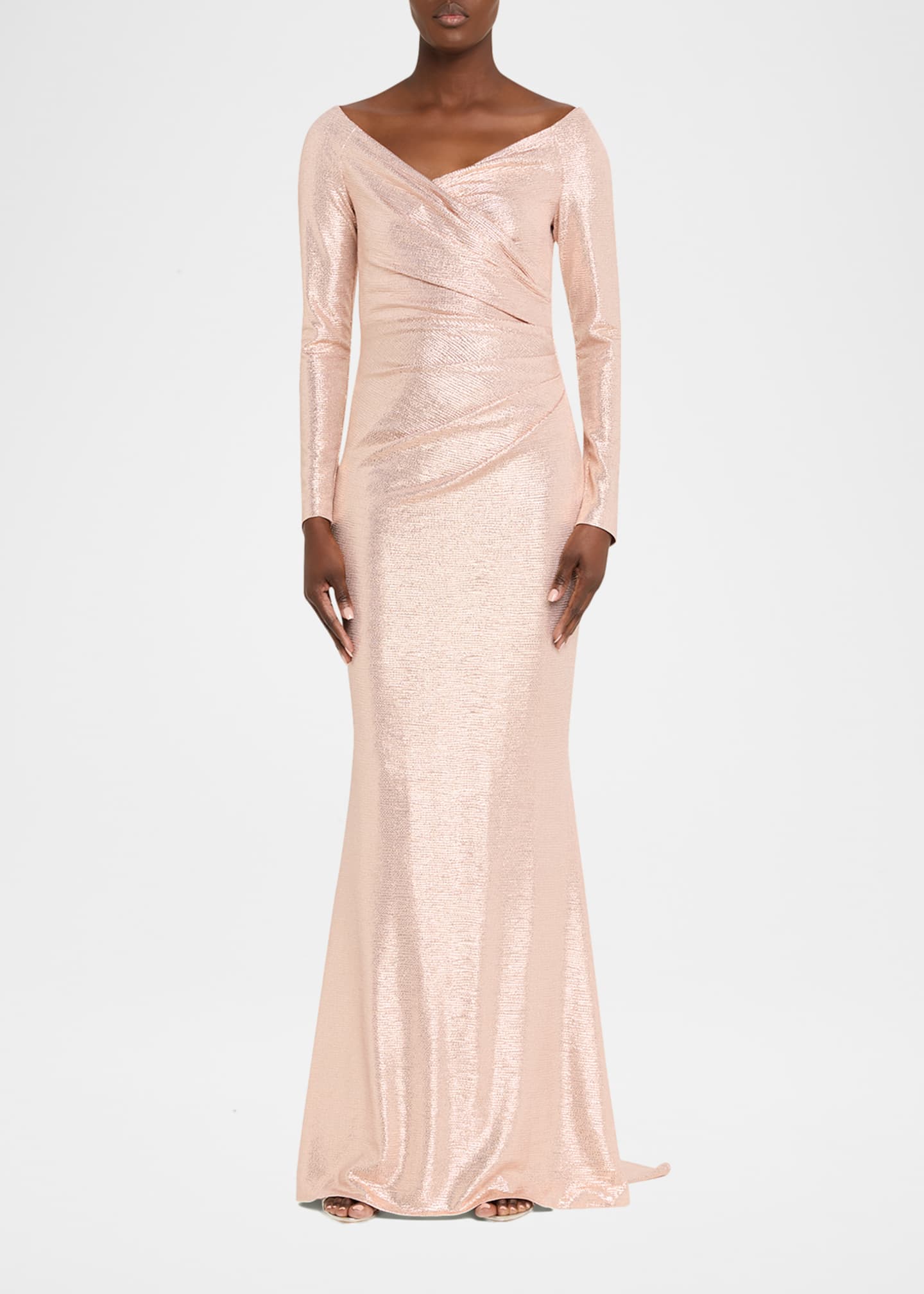 Talbot Runhof Metallic Draped Off-The-Shoulder Long-Sleeve Gown, Blush, Women's, 38 de (8 Us), Long-Sleeve Gowns