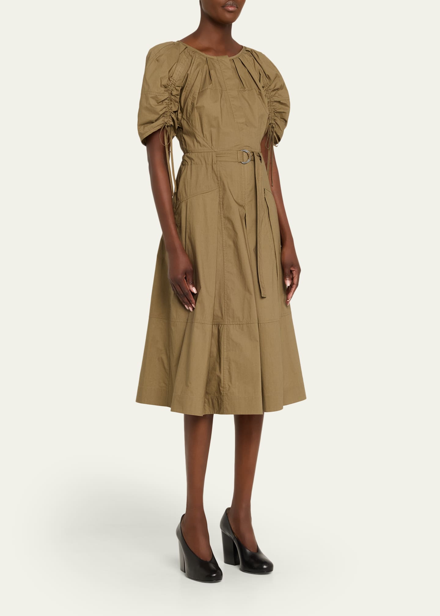 3.1 Phillip Lim Women's Ruched-Sleeve Belted Poplin Cotton Midi-Dress - Caper - Size 8