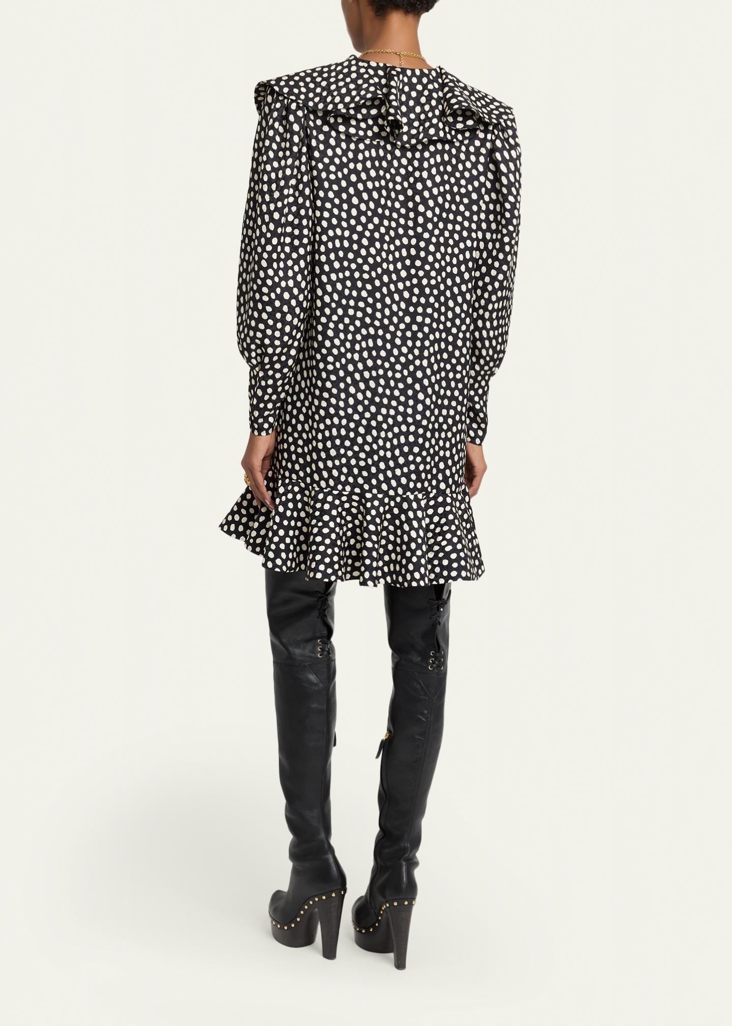 Chloé Dots-Print Silk Jacquard Capelet Long-Sleeve Mini Dress