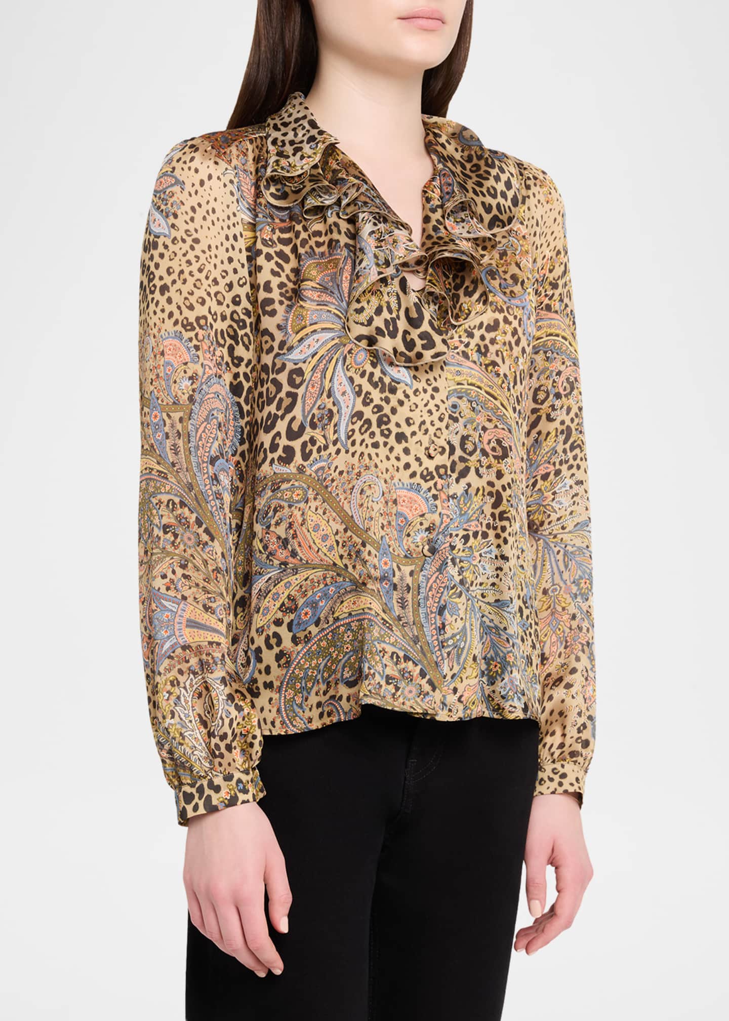Etro Leopard Paisley-Print Silk Ruffle Blouse - Bergdorf Goodman