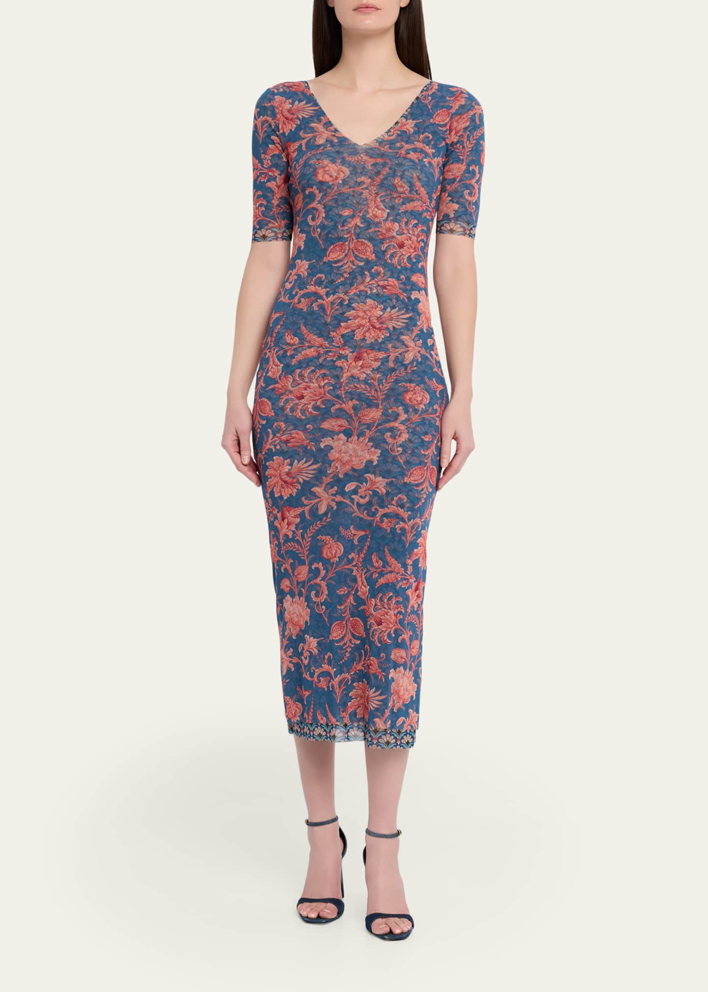 Etro Floral Stretch Tulle Short-Sleeve Midi Dress - Bergdorf Goodman