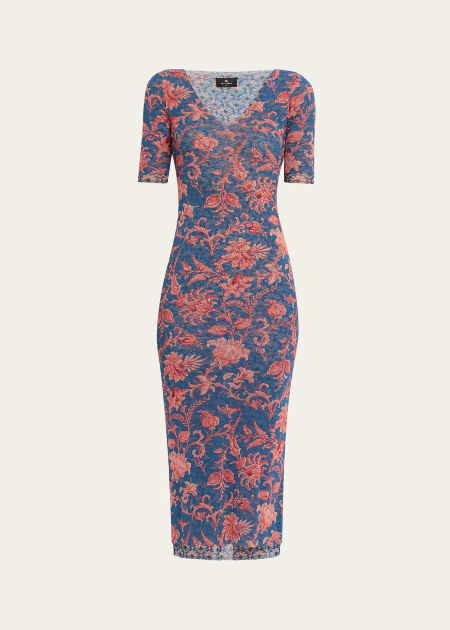 Etro Floral Stretch Tulle Short-Sleeve Midi Dress - Bergdorf Goodman