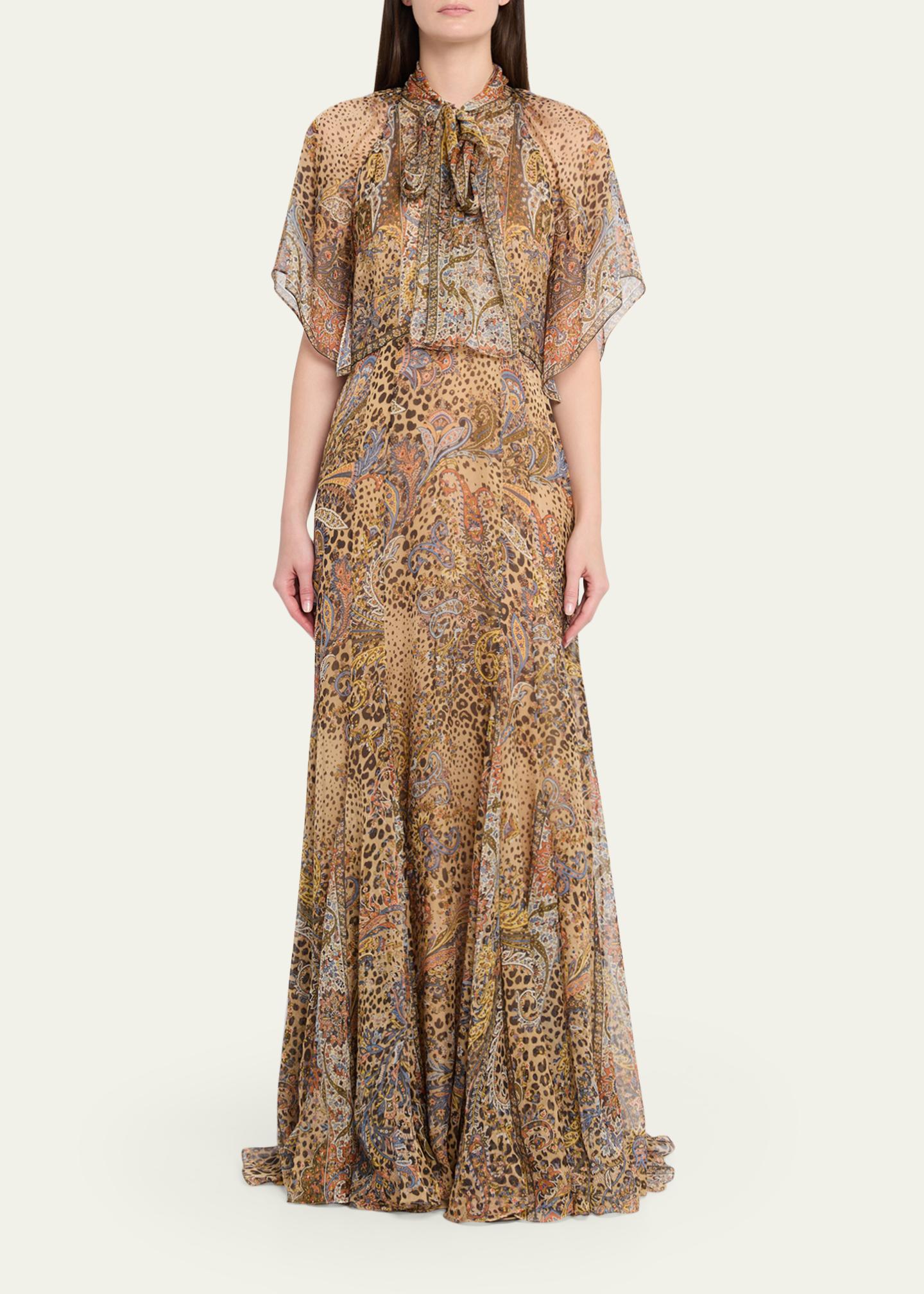 Etro Paisley Animal-Print Silk Chiffon Neck-Scarf Maxi Dress