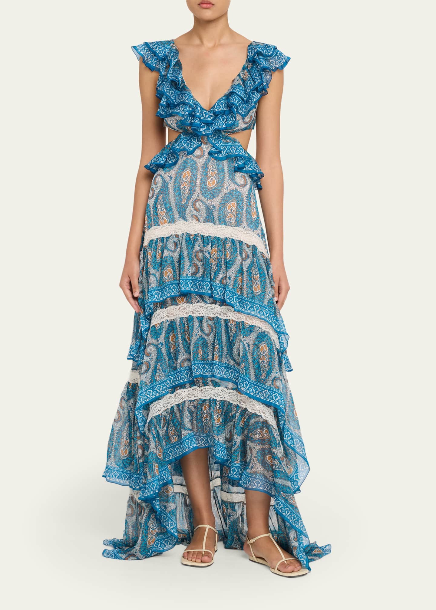 Etro Ruffled Tiered Paisley-Print High-Low Maxi Dress, Print On White, Women's, 40, Casual & Work Dresses Maxi Dresses