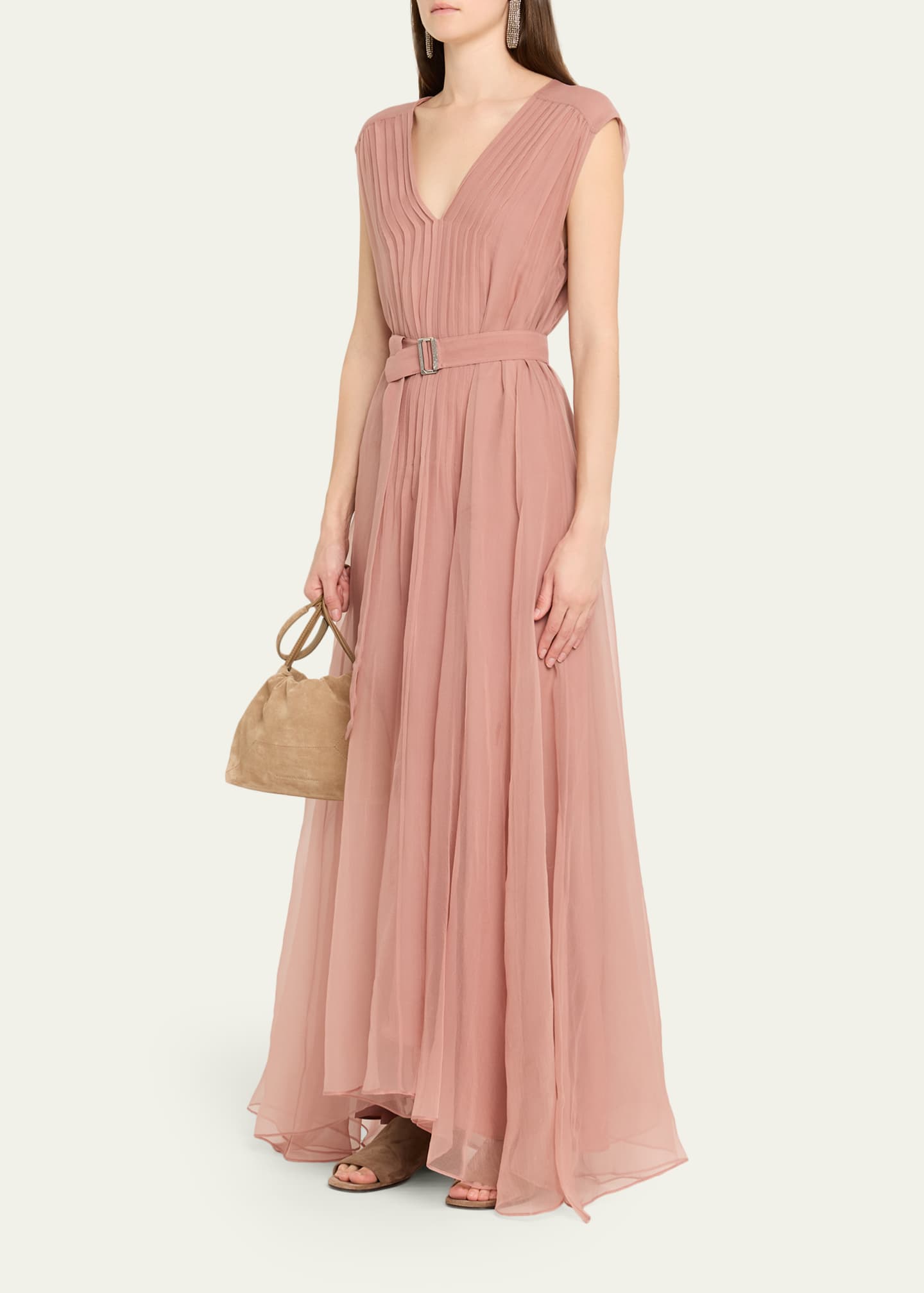 Brunello Cucinelli Belted Pintuck Silk Chiffon Gown - Bergdorf Goodman