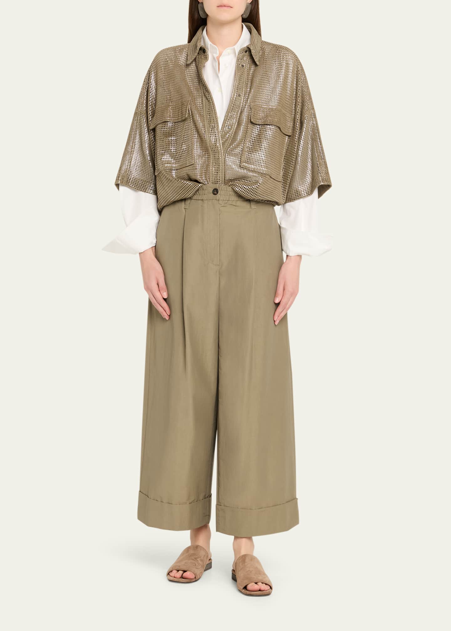 Brunello Cucinelli Laminated Perforated Leather Utility Shirt
