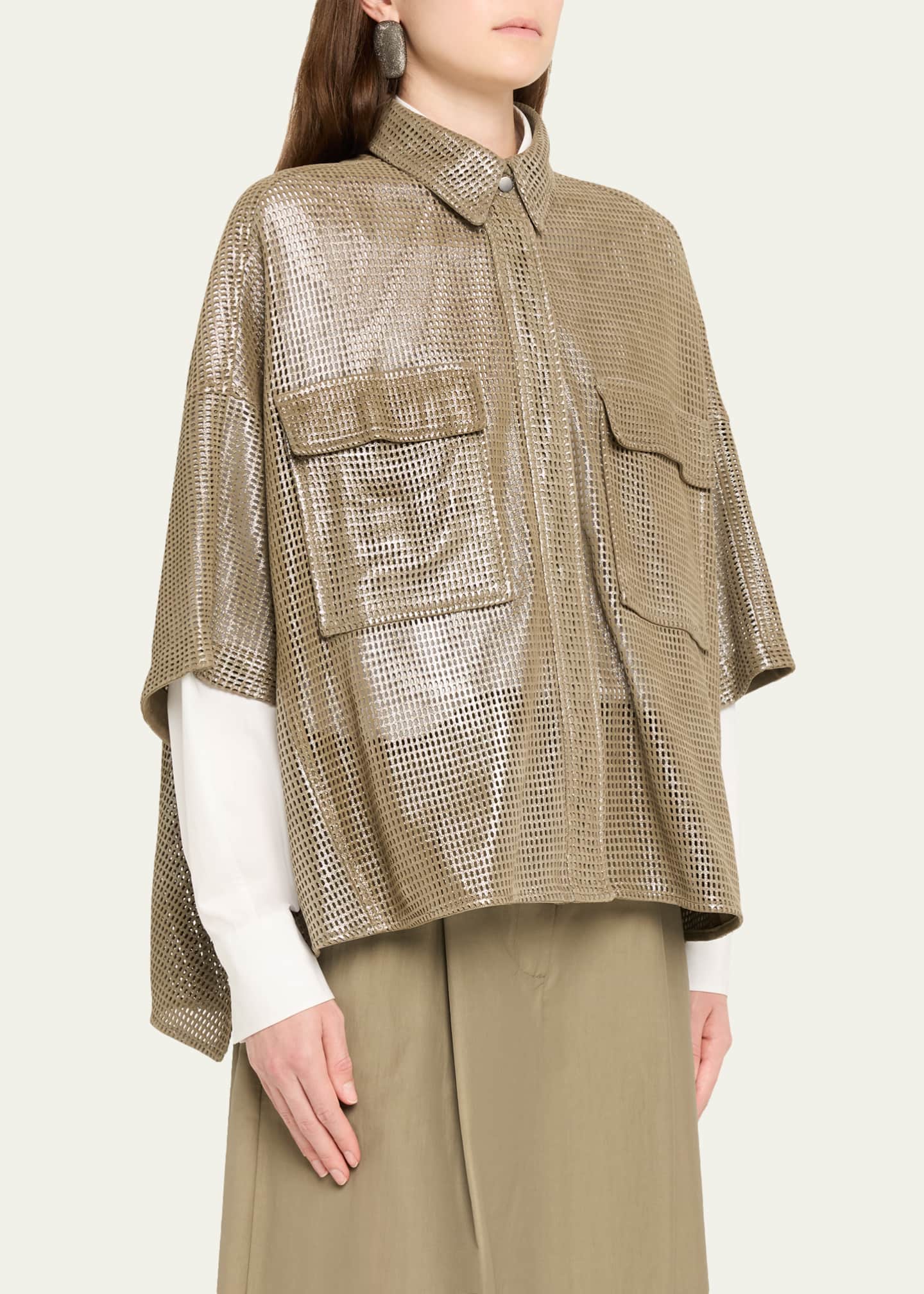 Brunello Cucinelli Laminated Perforated Leather Utility Shirt