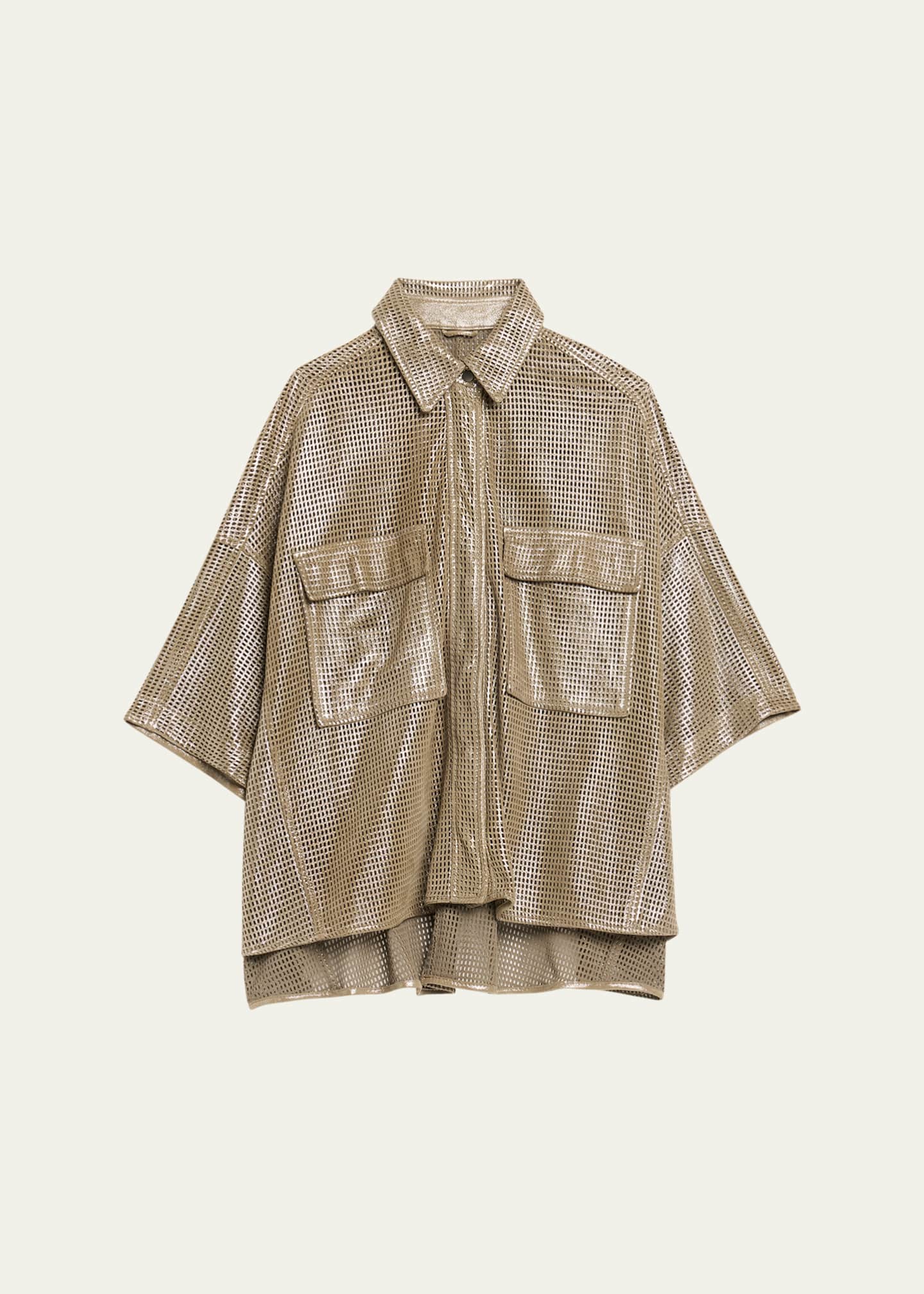 Brunello Cucinelli Laminated Perforated Leather Utility Shirt