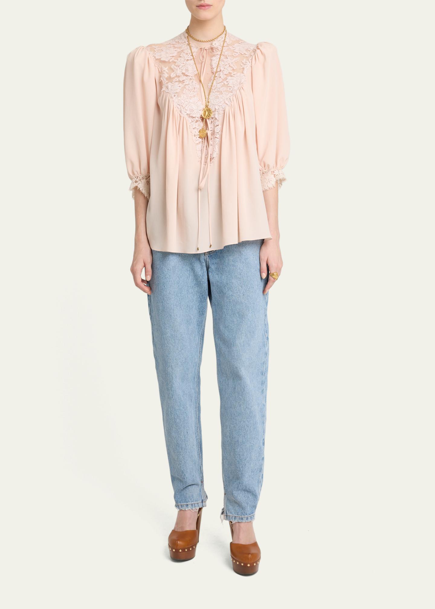 Chloe Lace-Trim Puff-Sleeve Organic Silk Crepe De Chine Top
