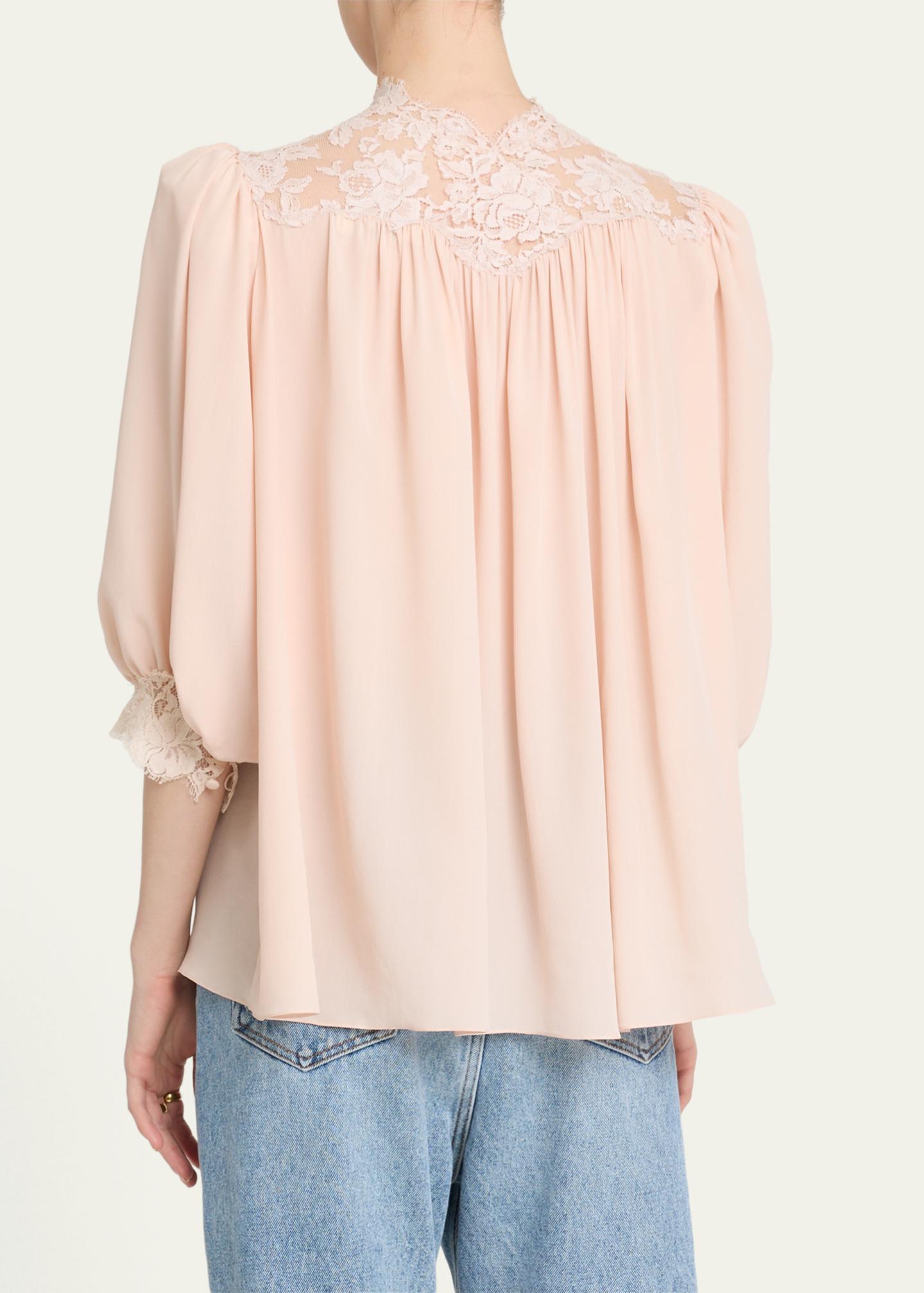 Chloe Lace-Trim Puff-Sleeve Organic Silk Crepe De Chine Top