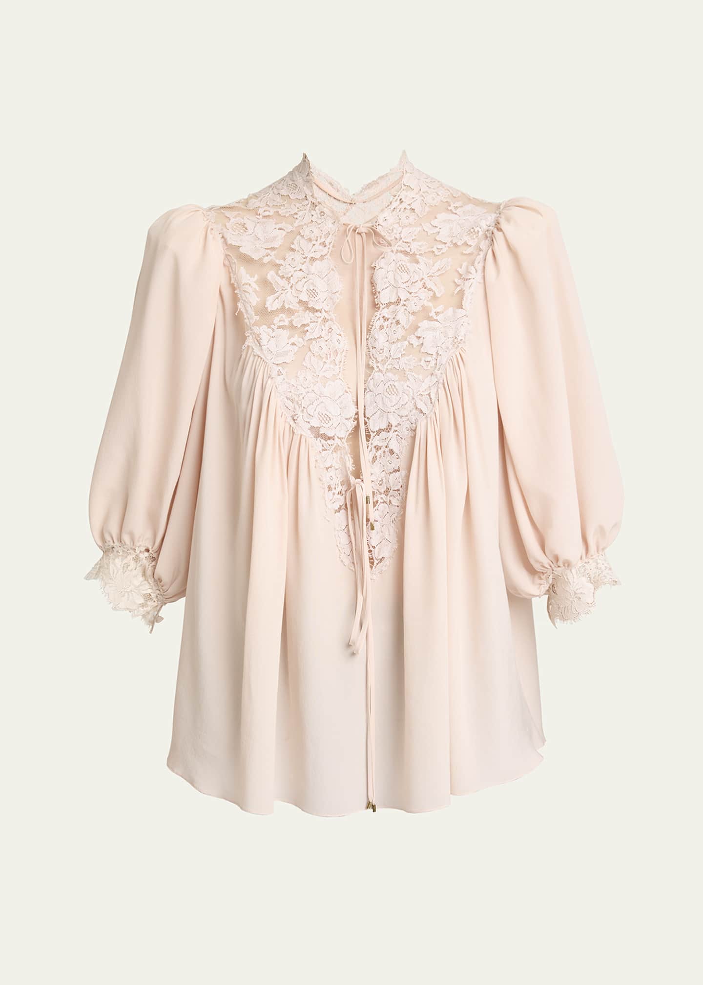 Chloe Lace-Trim Puff-Sleeve Organic Silk Crepe De Chine Top