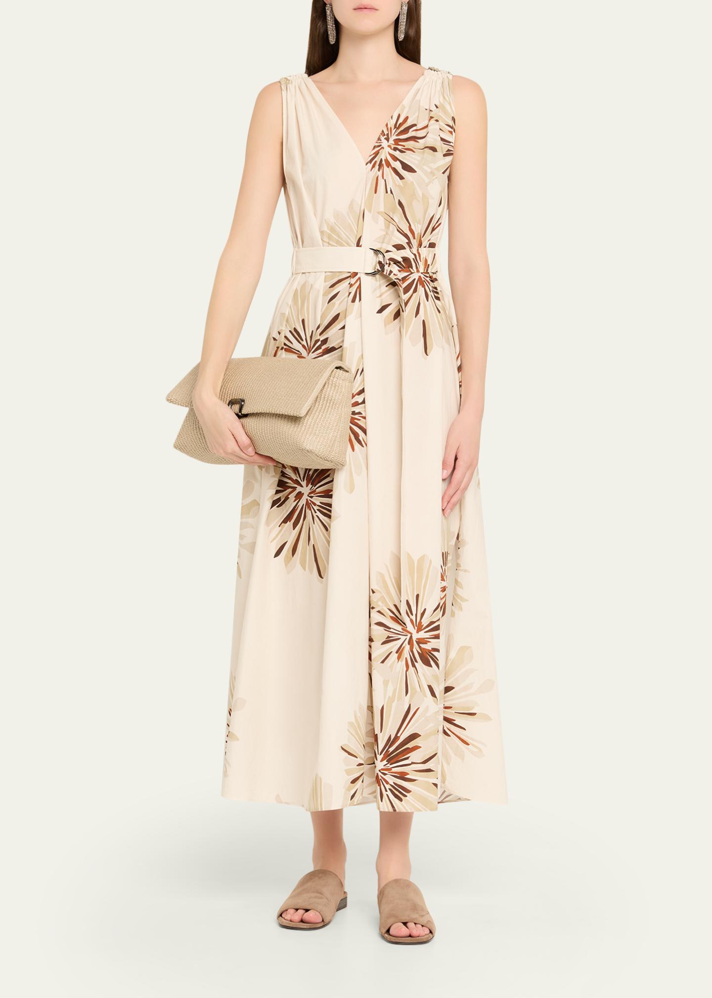 Brunello Cucinelli Abstract Dahlia Sleeveless Belted Midi Dress 