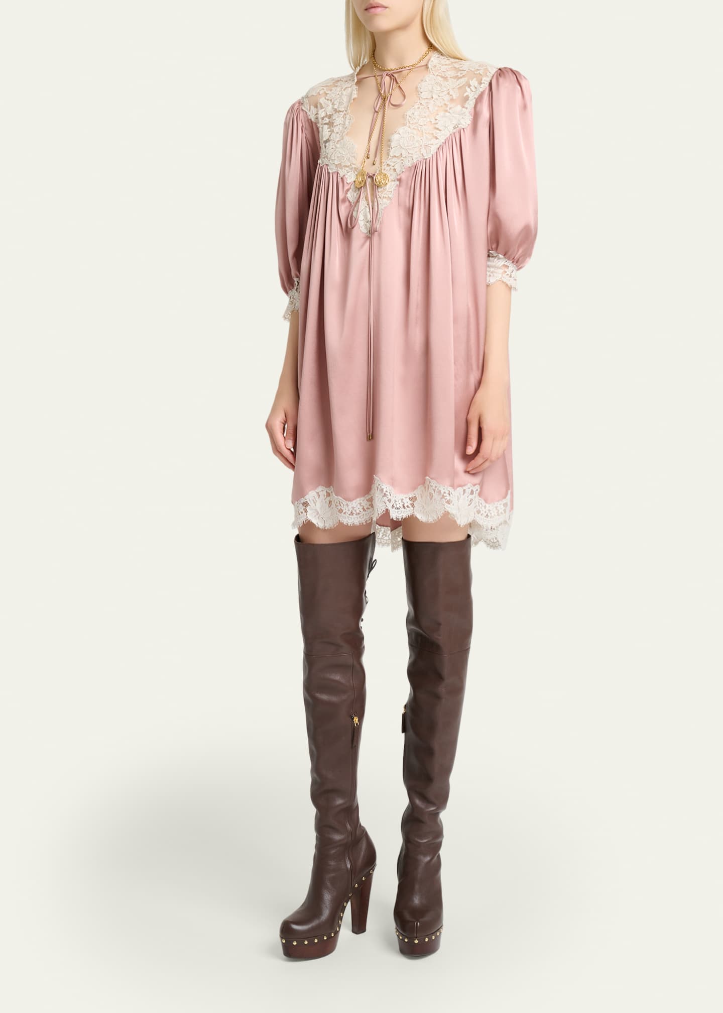 chloe pink lace dress Chlo - Oversized long ruffled dress in Silk mousseline & lace - Powdery Pink - 38