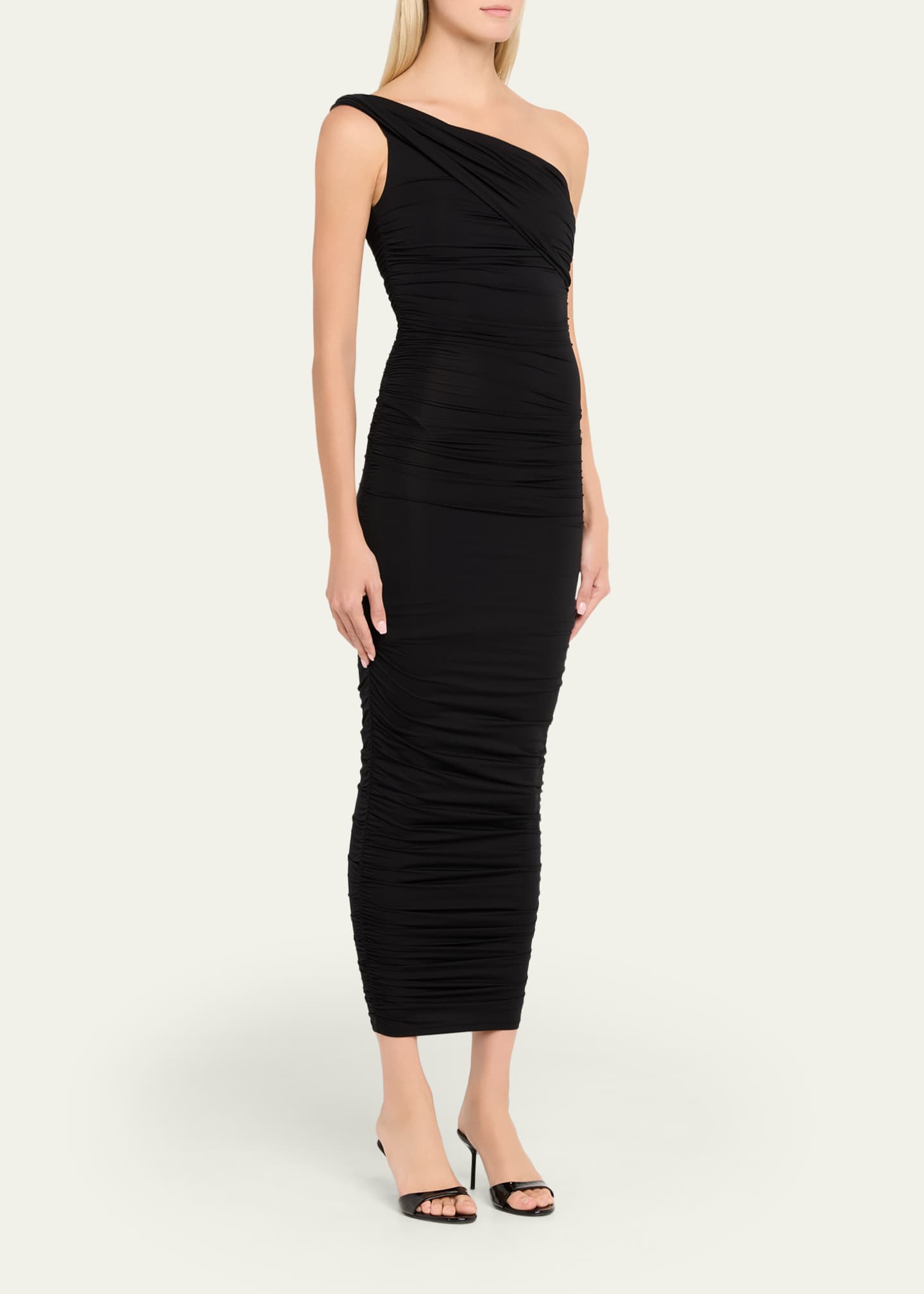 L'AGENCE Cheryl Shirred Midi Dress In Black