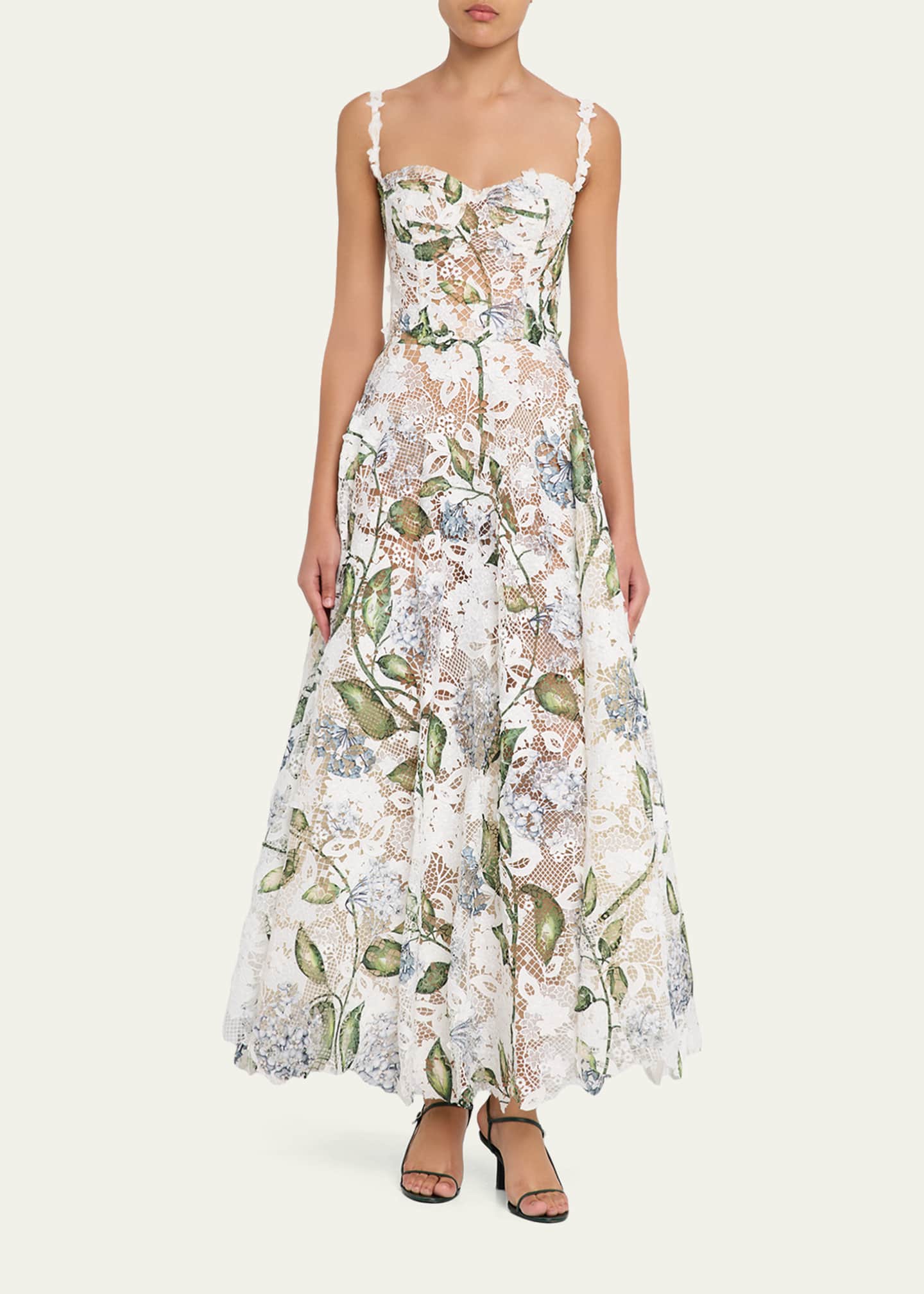Oscar de la Renta Sleeveless Porcelain Flowers-Print Lace Maxi Dress -  Bergdorf Goodman