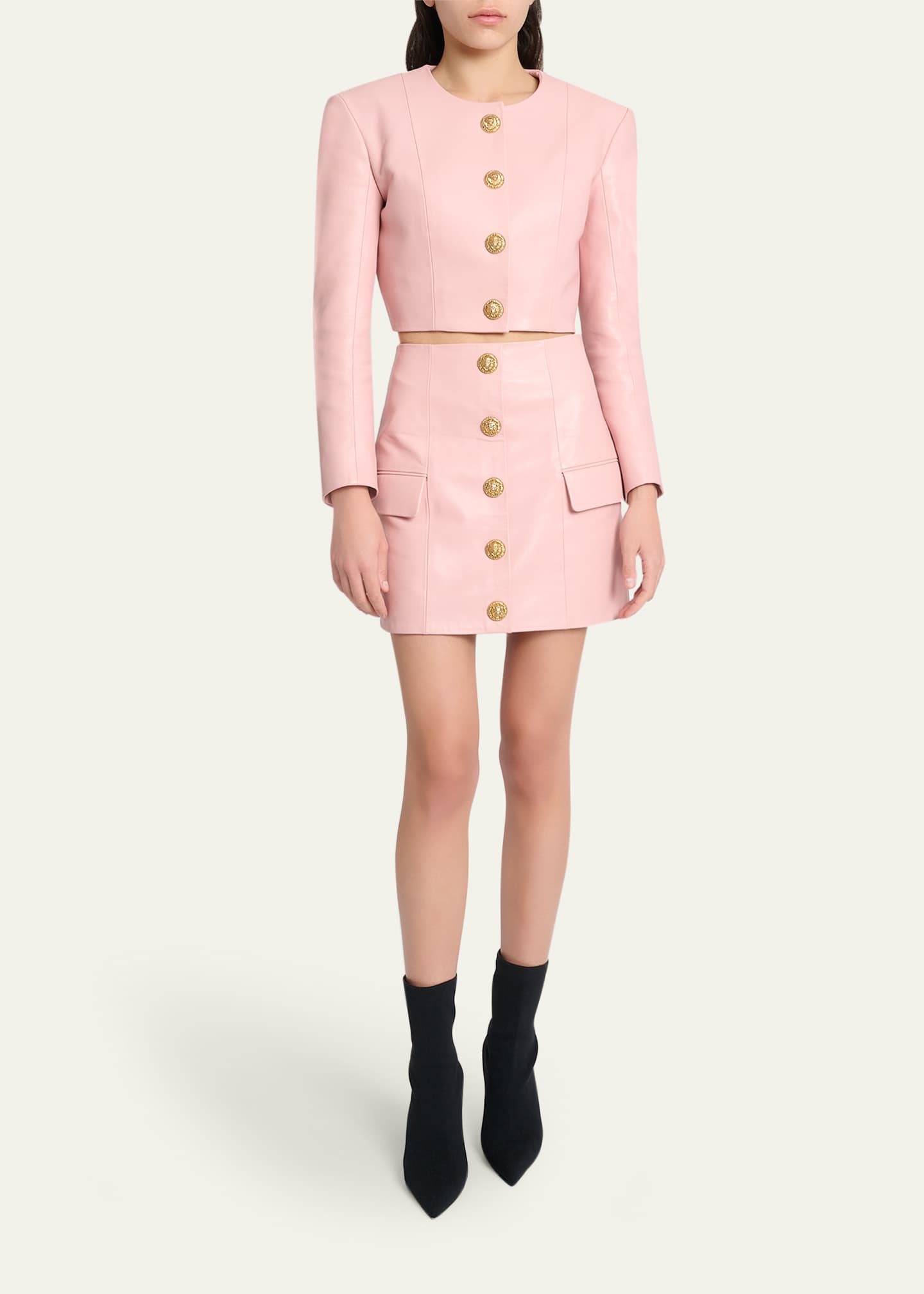 BALMAIN バルマン レザージャケット 羊革 ノーカラー　ピンク　パンチング Balmain Buttoned Strong-Shoulder Leather Crop Jacket - Bergdorf