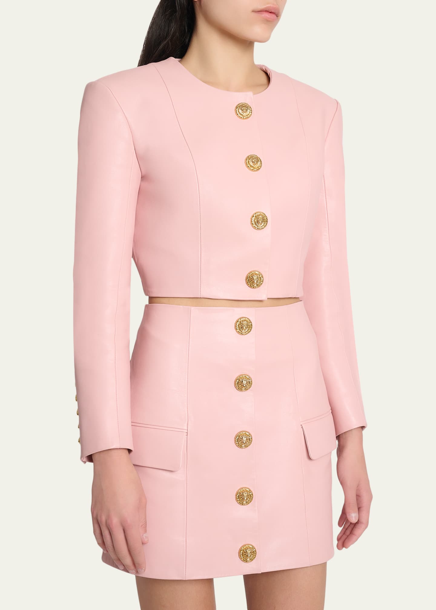 Balmain Buttoned Strong-Shoulder Leather Crop Jacket - Bergdorf