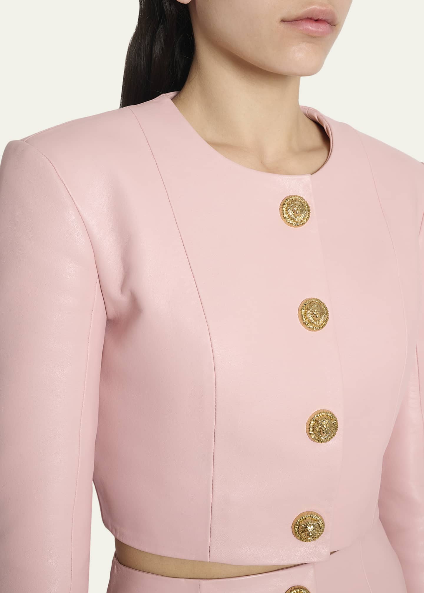 Balmain Buttoned Strong-Shoulder Leather Crop Jacket - Bergdorf