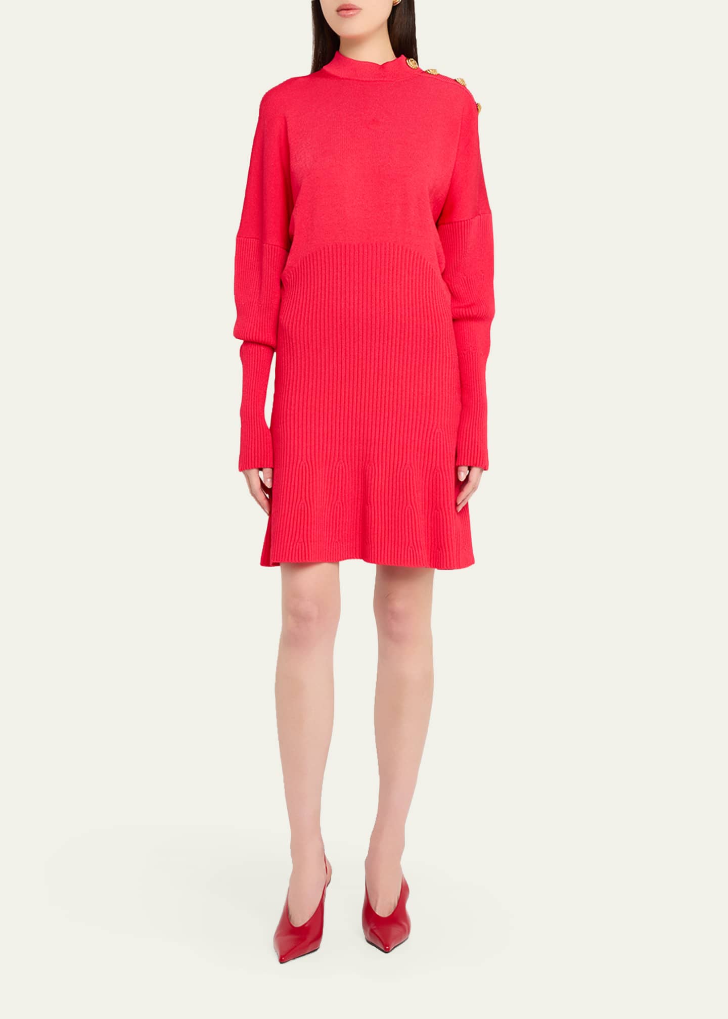 Balmain Button-Shoulder Batwing-Sleeve Mini Sweater Dress