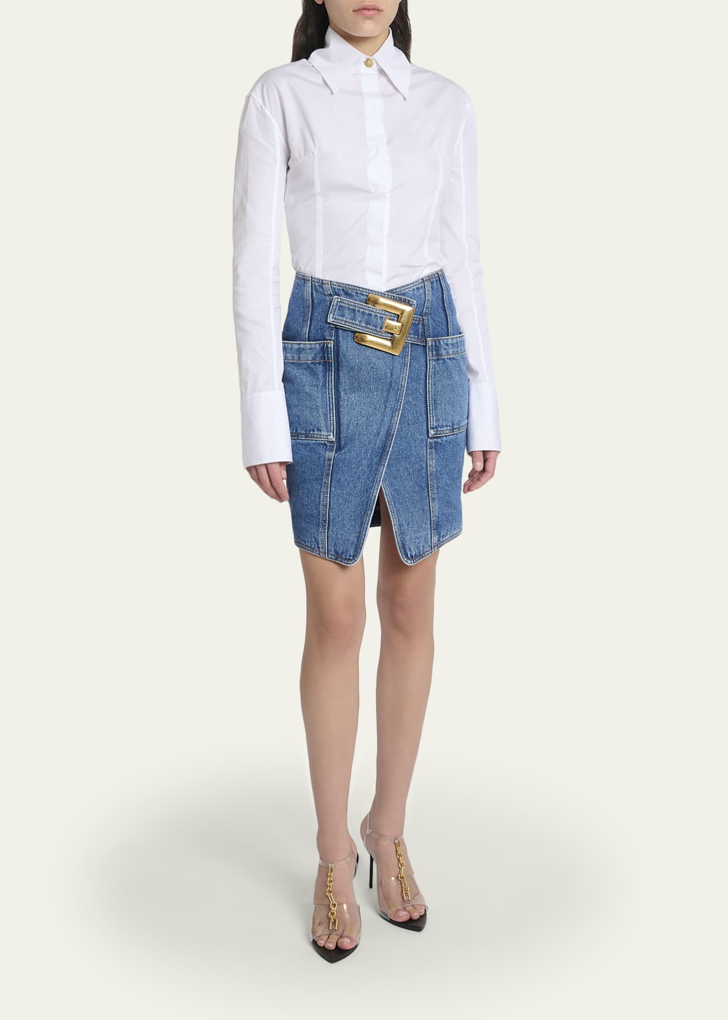 Balmain Belted Wrap Denim Mini Skirt - Bergdorf Goodman