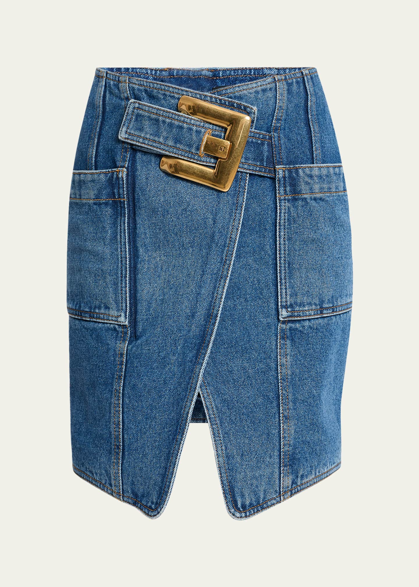 Balmain Belted Wrap Denim Mini Skirt - Bergdorf Goodman
