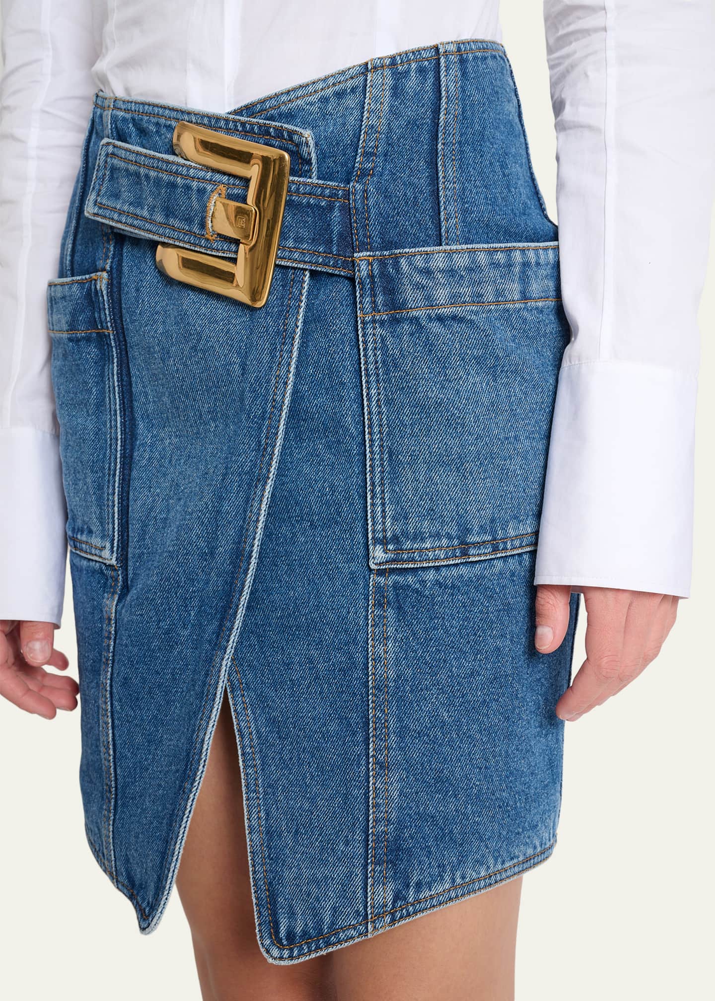 Balmain Belted Wrap Denim Mini Skirt - Bergdorf Goodman