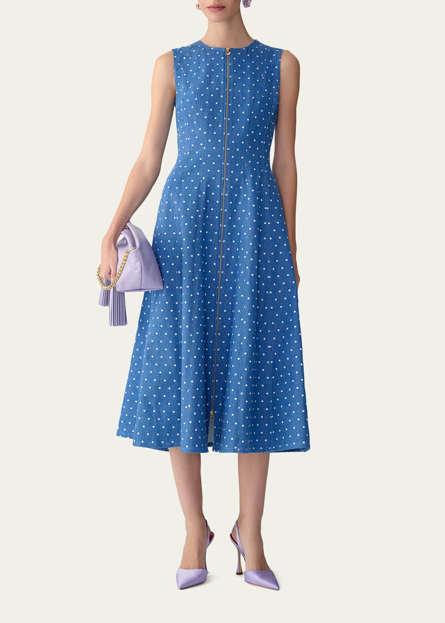 carolina herrera off shoulder denim dress Carolina Herrera Polka Dot Denim A-Line Midi Dress
