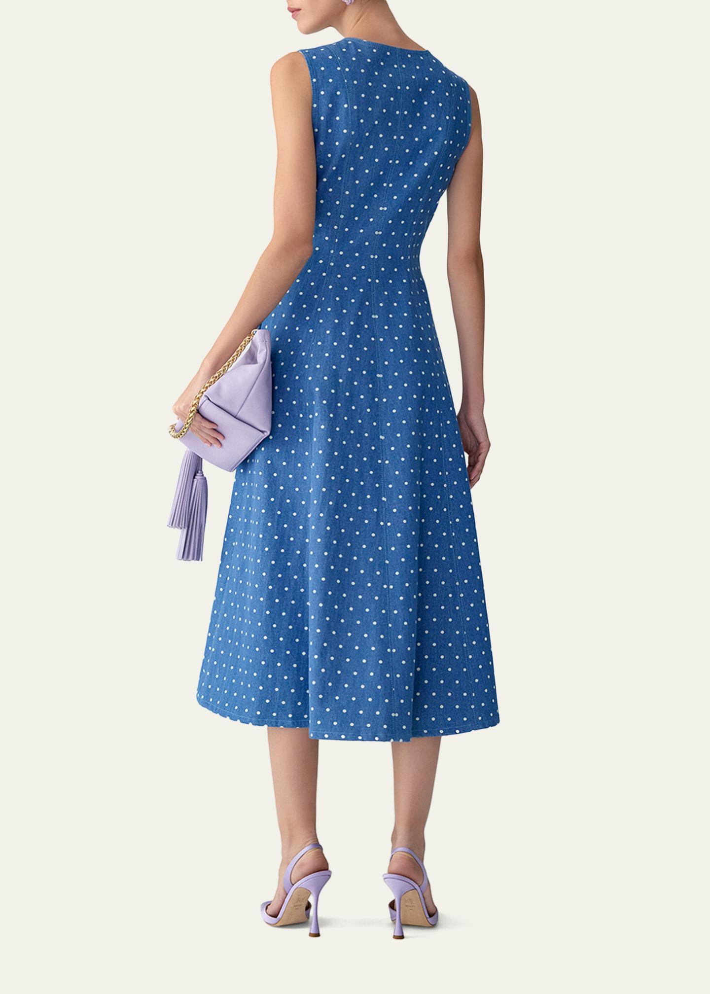 Carolina Herrera Sleeveless Polka-Dot Denim Zip-Front Midi Dress