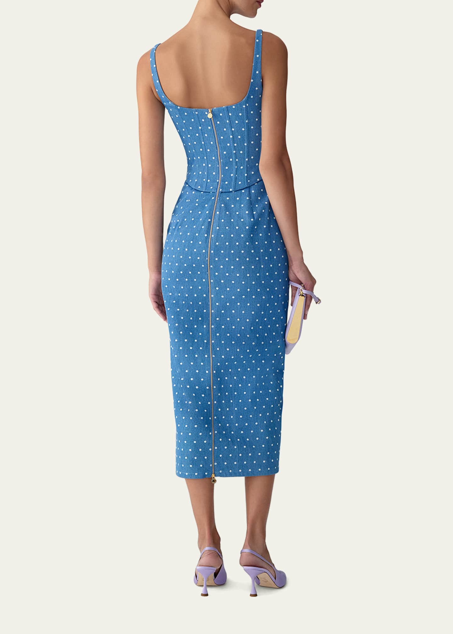 carolina herrera denim midi dress Carolina Herrera Polka Dot Denim Corseted Pencil Dress