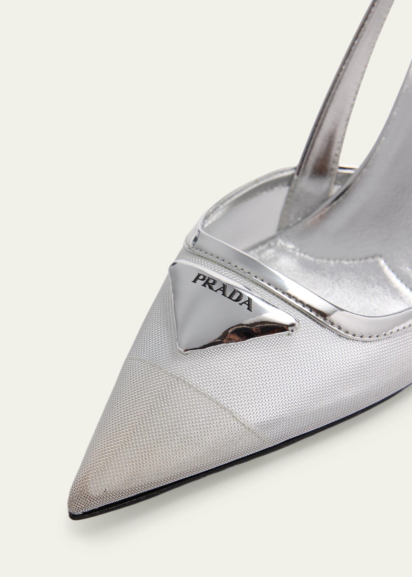 Prada 75mm Modellerie Metallic Leather Mesh Slingback Pumps 