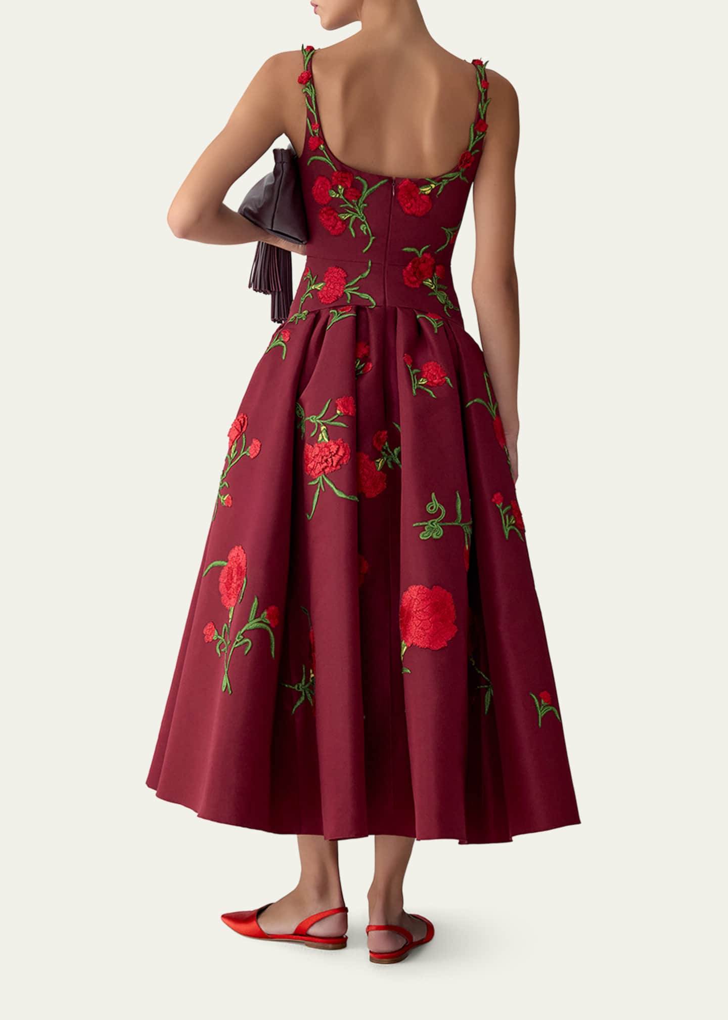 Carolina Herrera Carnation Embroidered Drop-Waist Tea-Length Dress