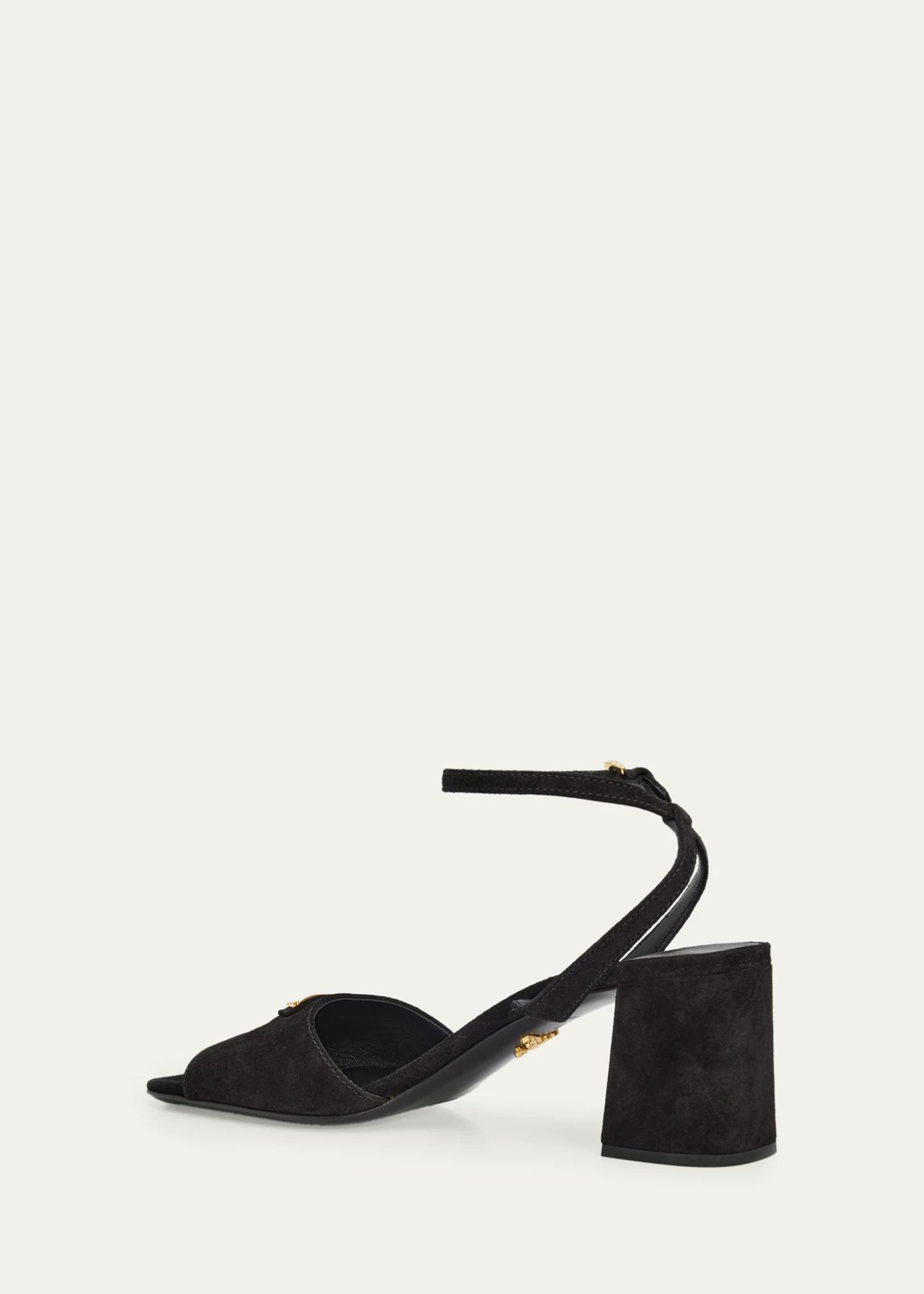 Prada 65mm Triangle Logo Suede Block-Heel Sandals - Bergdorf Goodman