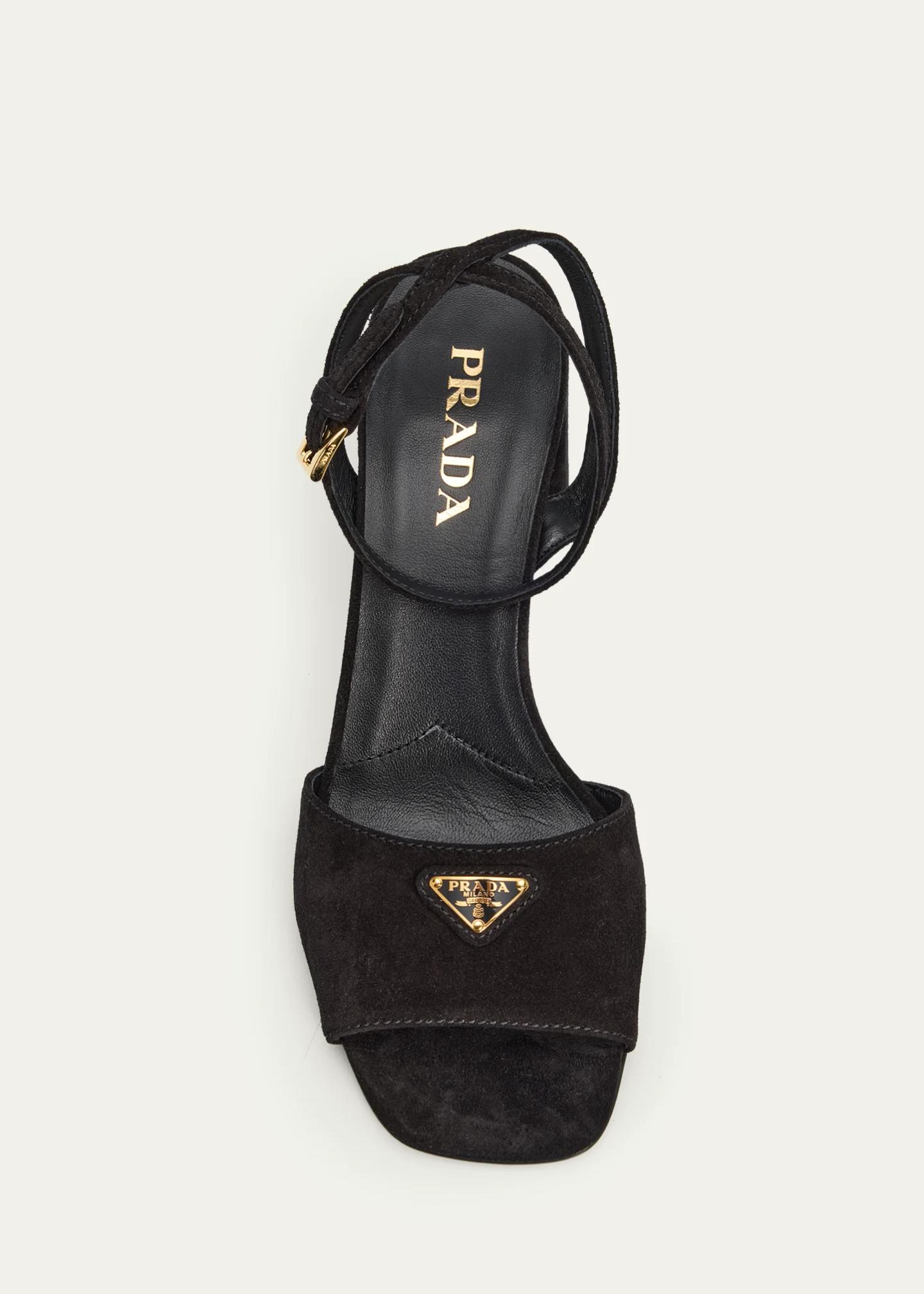 Prada 65mm Triangle Logo Suede Block-Heel Sandals - Bergdorf Goodman