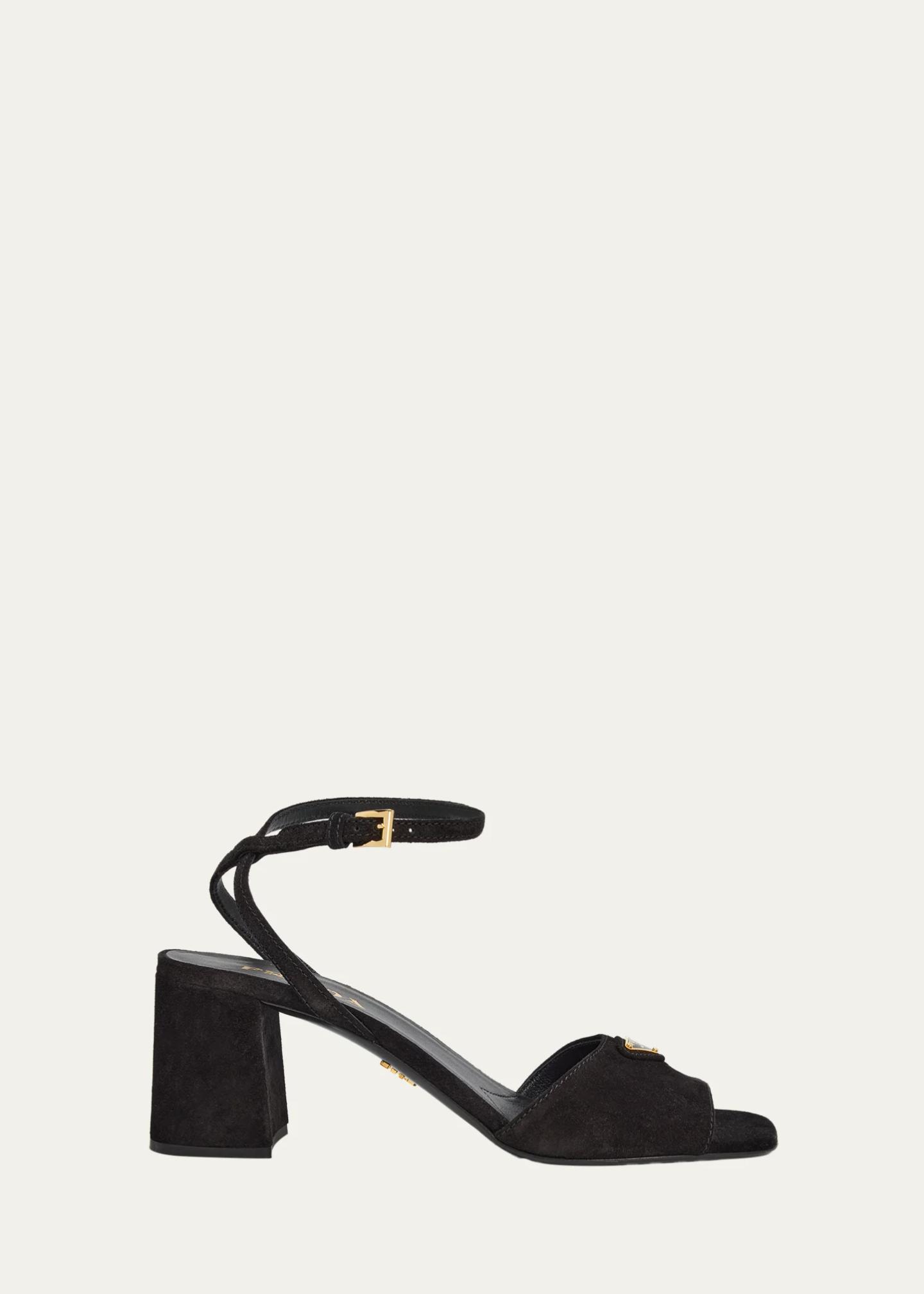 Prada 65mm Triangle Logo Suede Block-Heel Sandals - Bergdorf Goodman