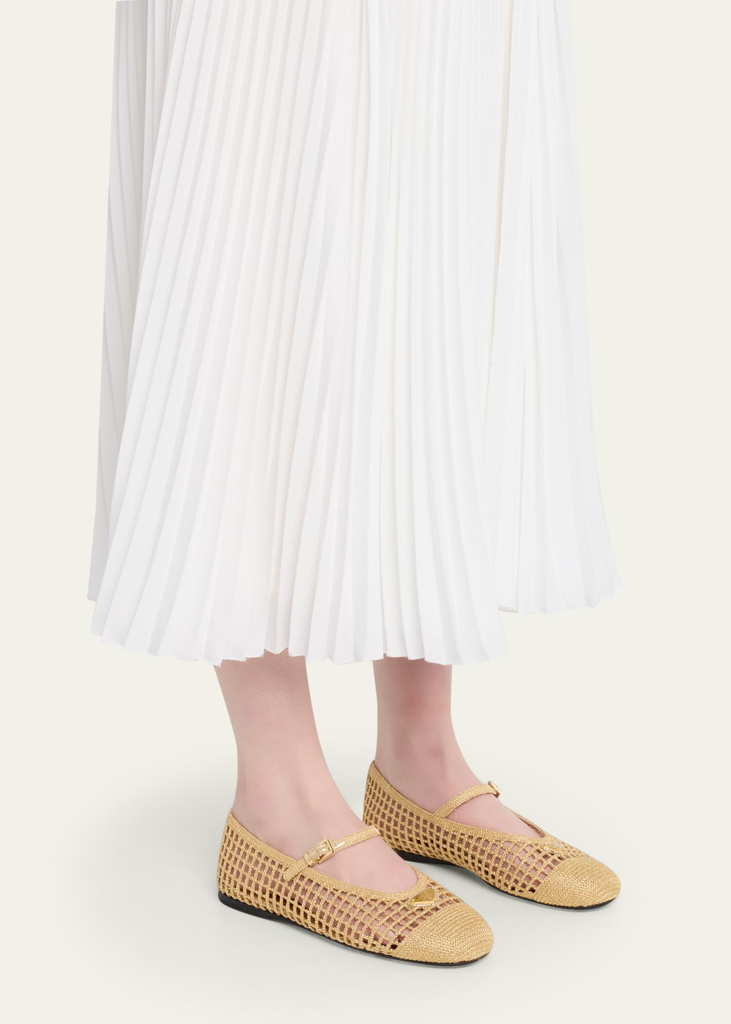 Prada Triangle Logo Metallic Crochet Mary Jane Ballerina Flats