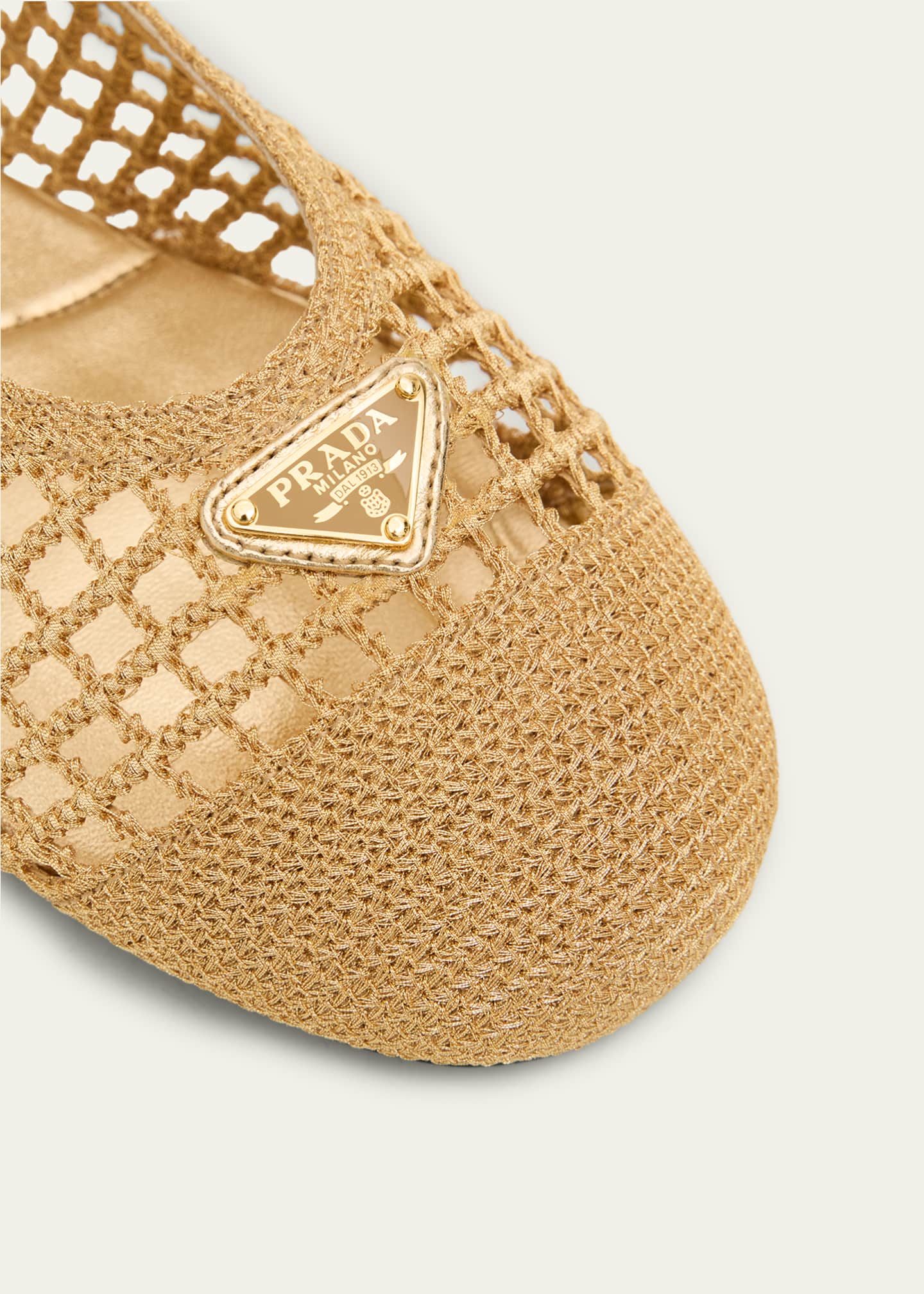 Prada Triangle Logo Metallic Crochet Mary Jane Ballerina Flats