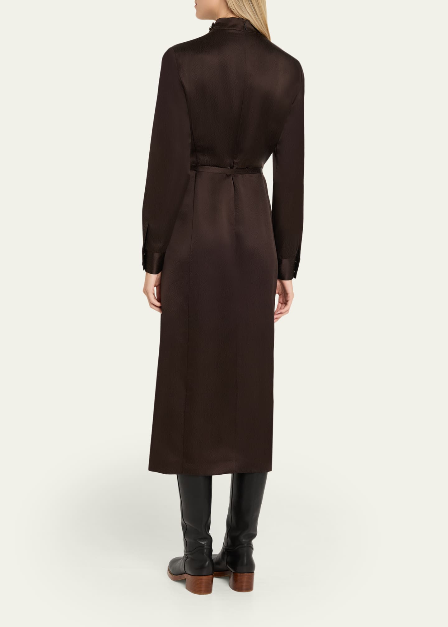 Gabriela Hearst Josef Draped Textured Silk Long-Sleeve Midi Dress with Belt, Brown, Women's, 44, Satin & Silk Dresses