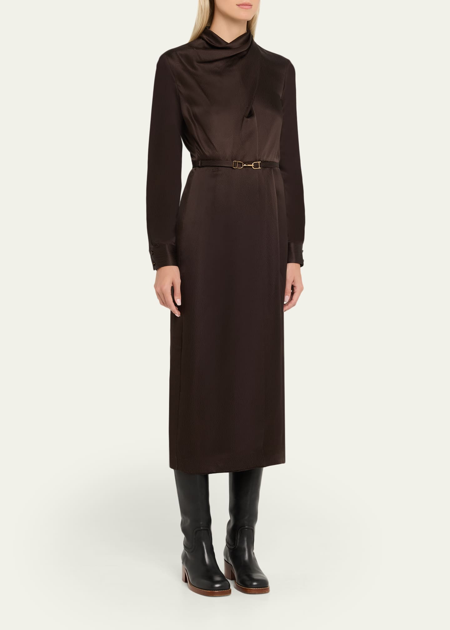 knee length dresses for ladies Black Gold White Long Sleeve Tiered Dress With Belt