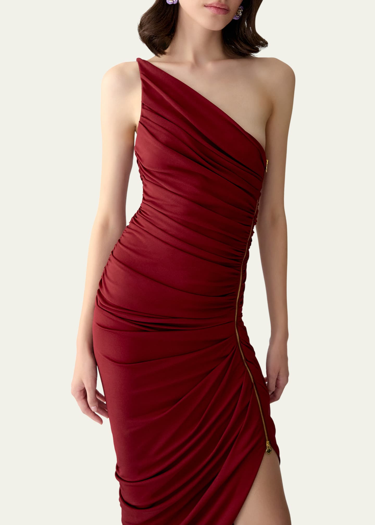 red one shoulder ruched midi dress Hinvhai Women's One Shoulder Ruched Satin Maxi Dress, Solid High Side Slit Slimming Flowy Midi Long Date Night Dress Wine L(l), Size: Large, Red