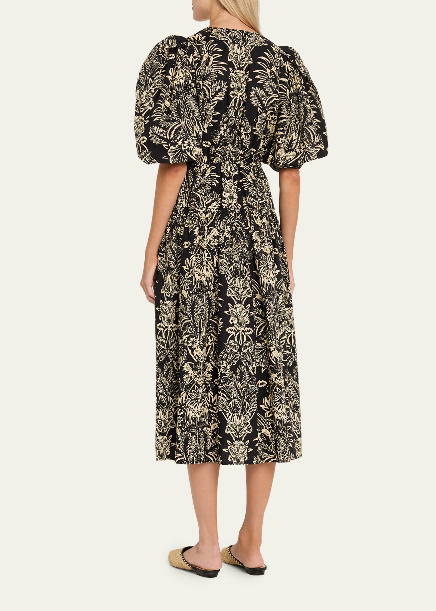 Ulla Johnson Harriet Floral Poplin Puff-Sleeve Midi Dress - Noir Flora