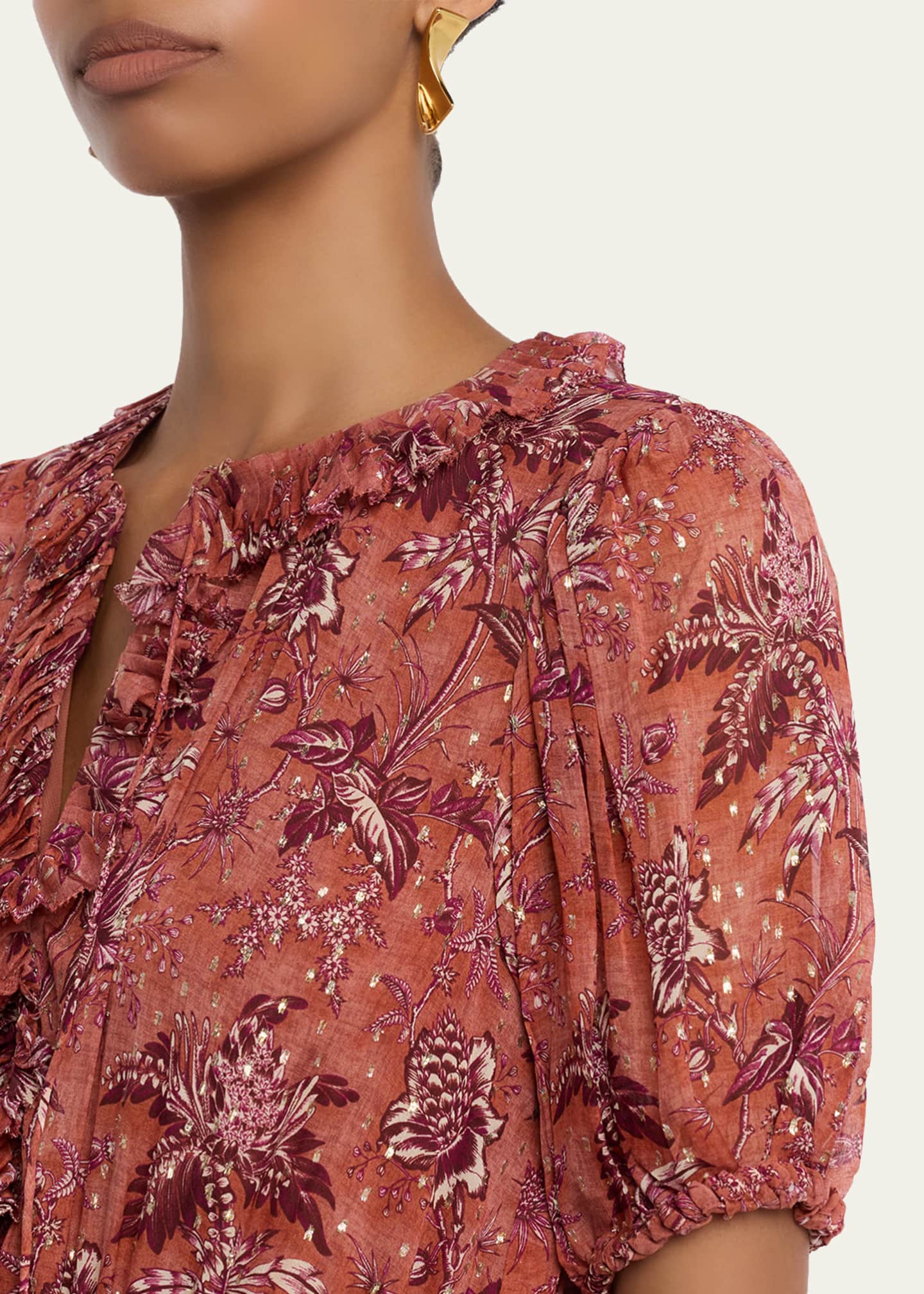 Ulla Johnson Rosamunde Puff-Sleeve Ruffle Chiffon Midi Dress, Oleander, Women's, 2, Cocktail & Party Wedding Guest Dresses Chiffon Dresses
