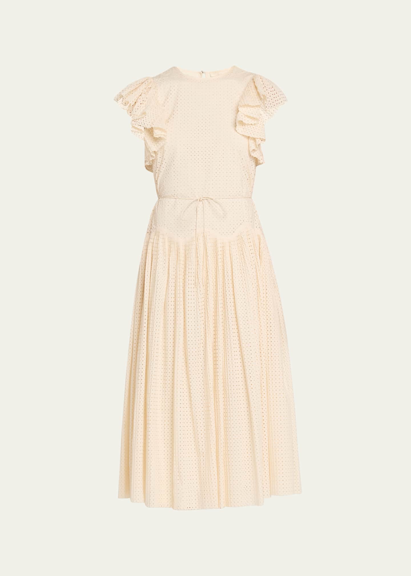 Ulla Johnson Sylvaine Flutter-Sleeve Lasercut Poplin Ankle Dress, Cowrie, Women's, 0, Casual & Work Dresses Day Dresses Sundresses