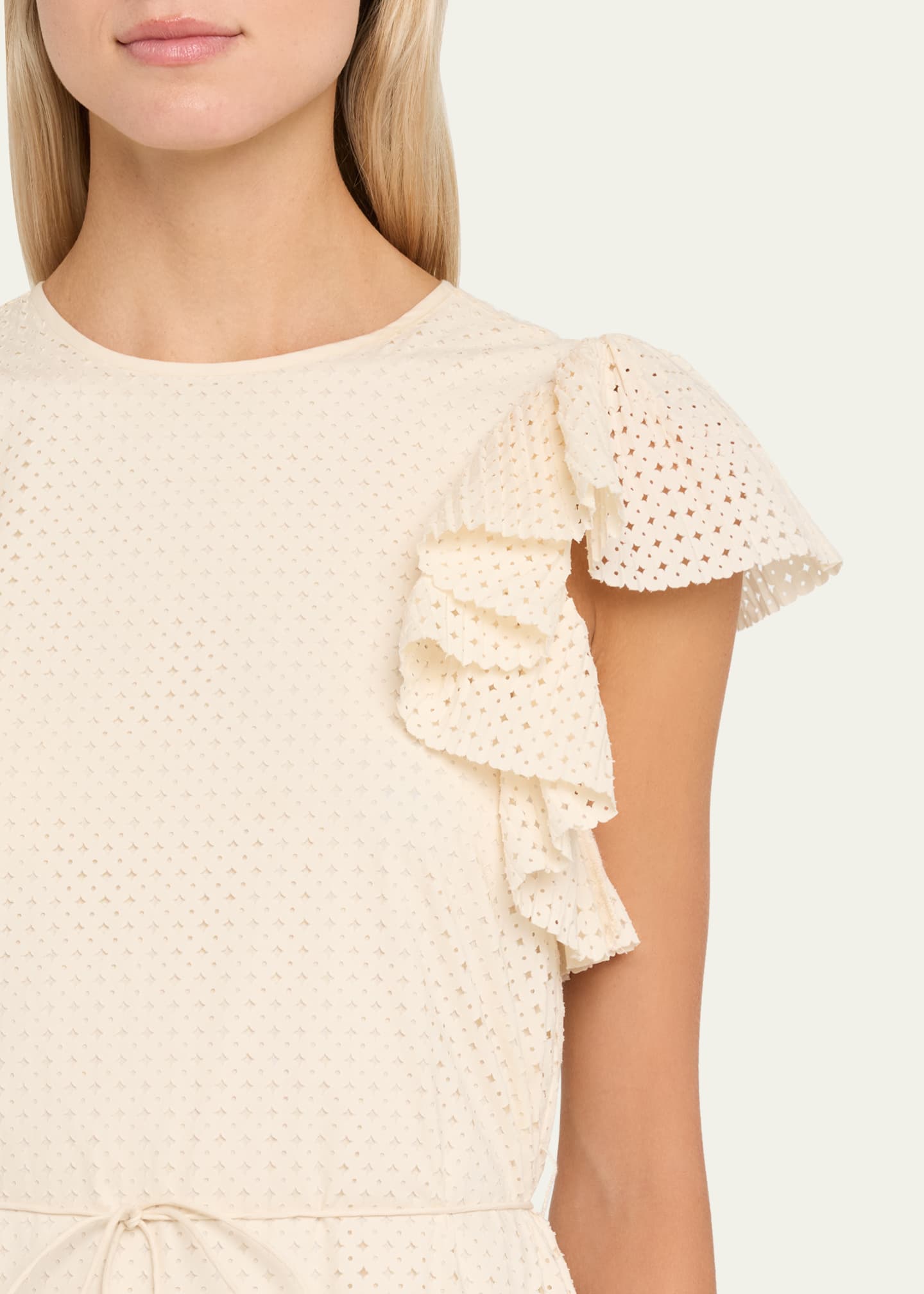 Ulla Johnson Sylvaine Flutter-Sleeve Lasercut Poplin Ankle Dress, Cowrie, Women's, 0, Casual & Work Dresses Day Dresses Sundresses